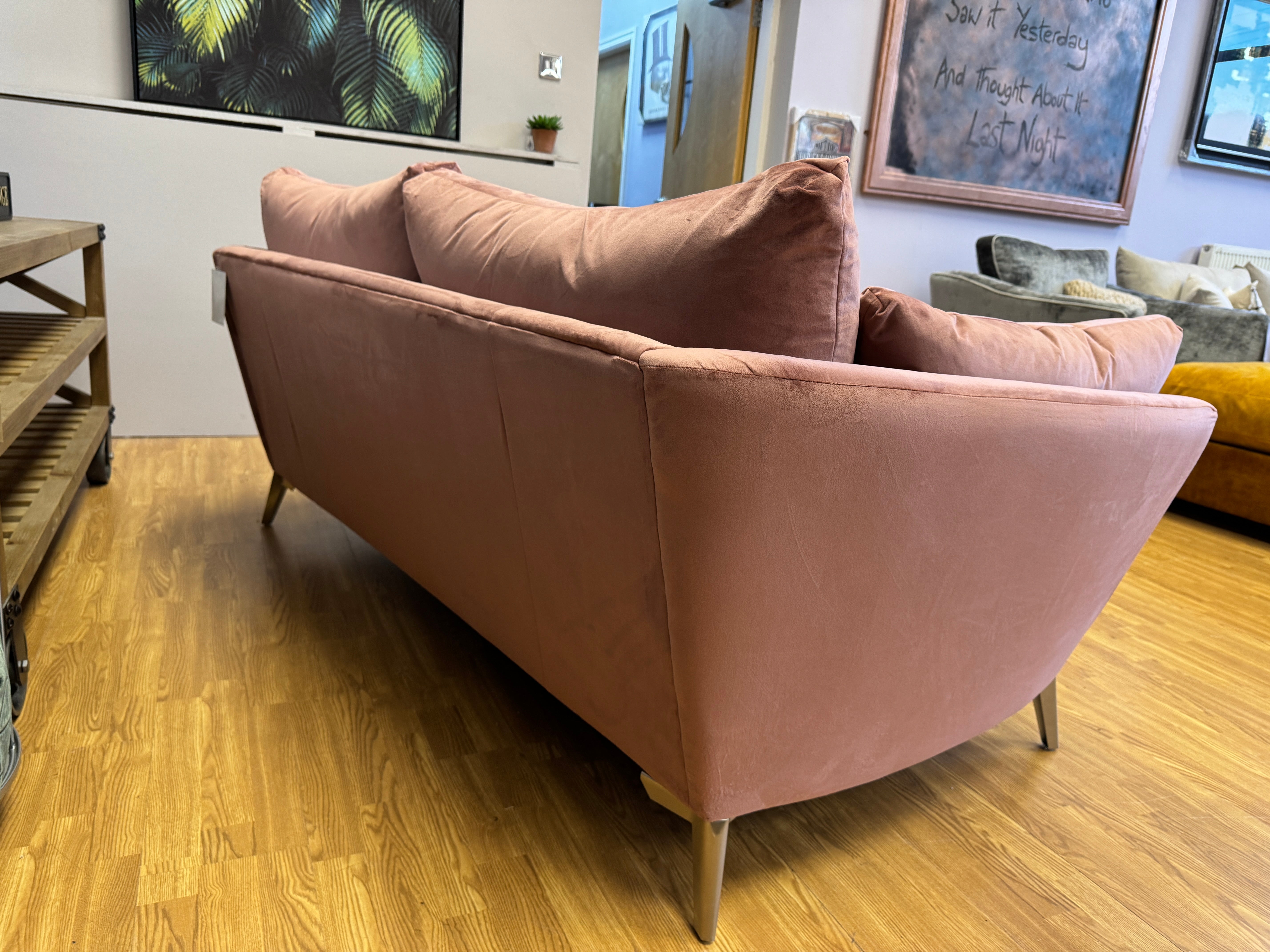 Elton curved sided large 3 seater sofa in Blush pink velvet fabric