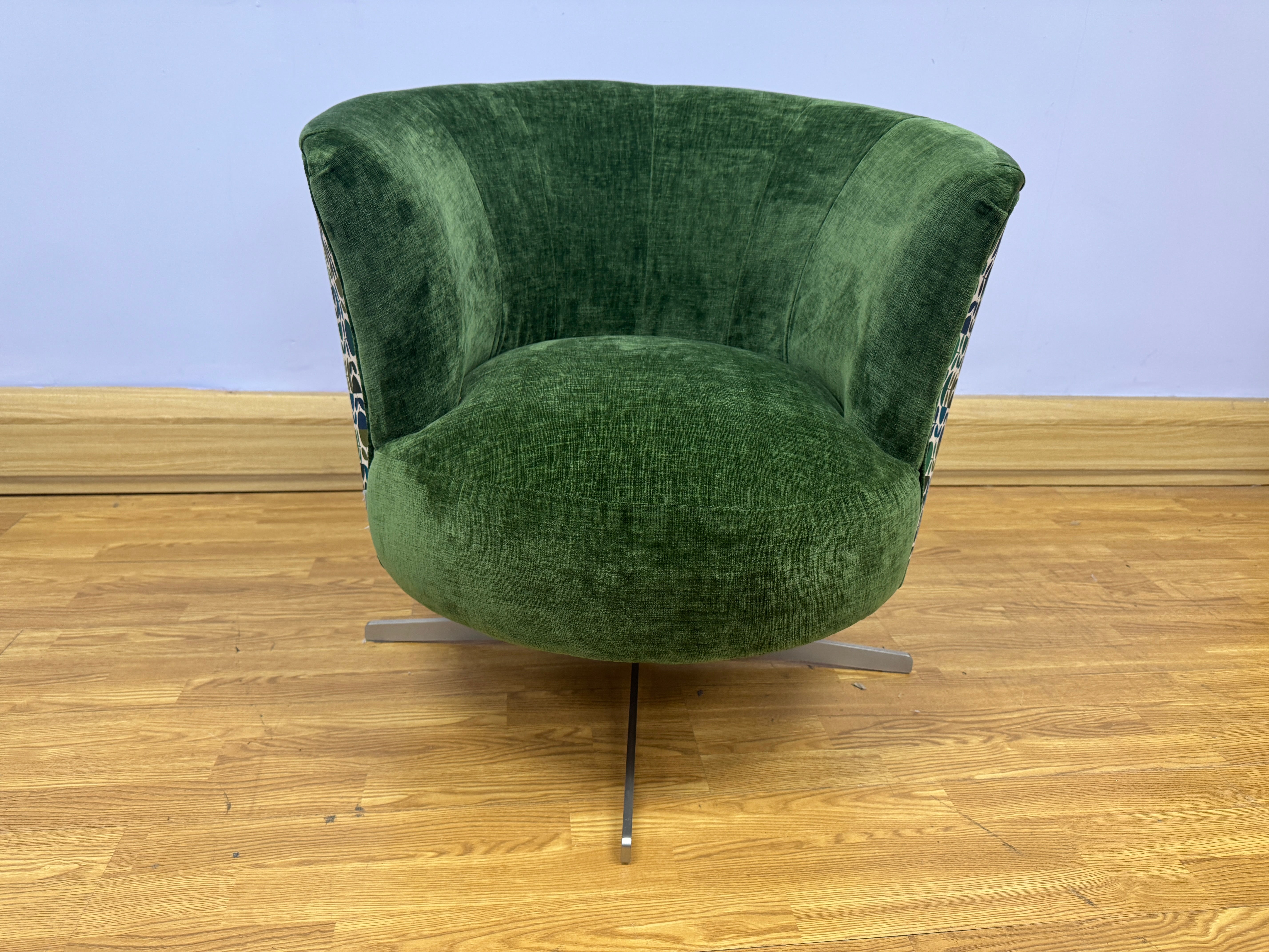 Orla Kiely Lily swivel base chair in Evergreen velvet with Jigsaw emerald navy back