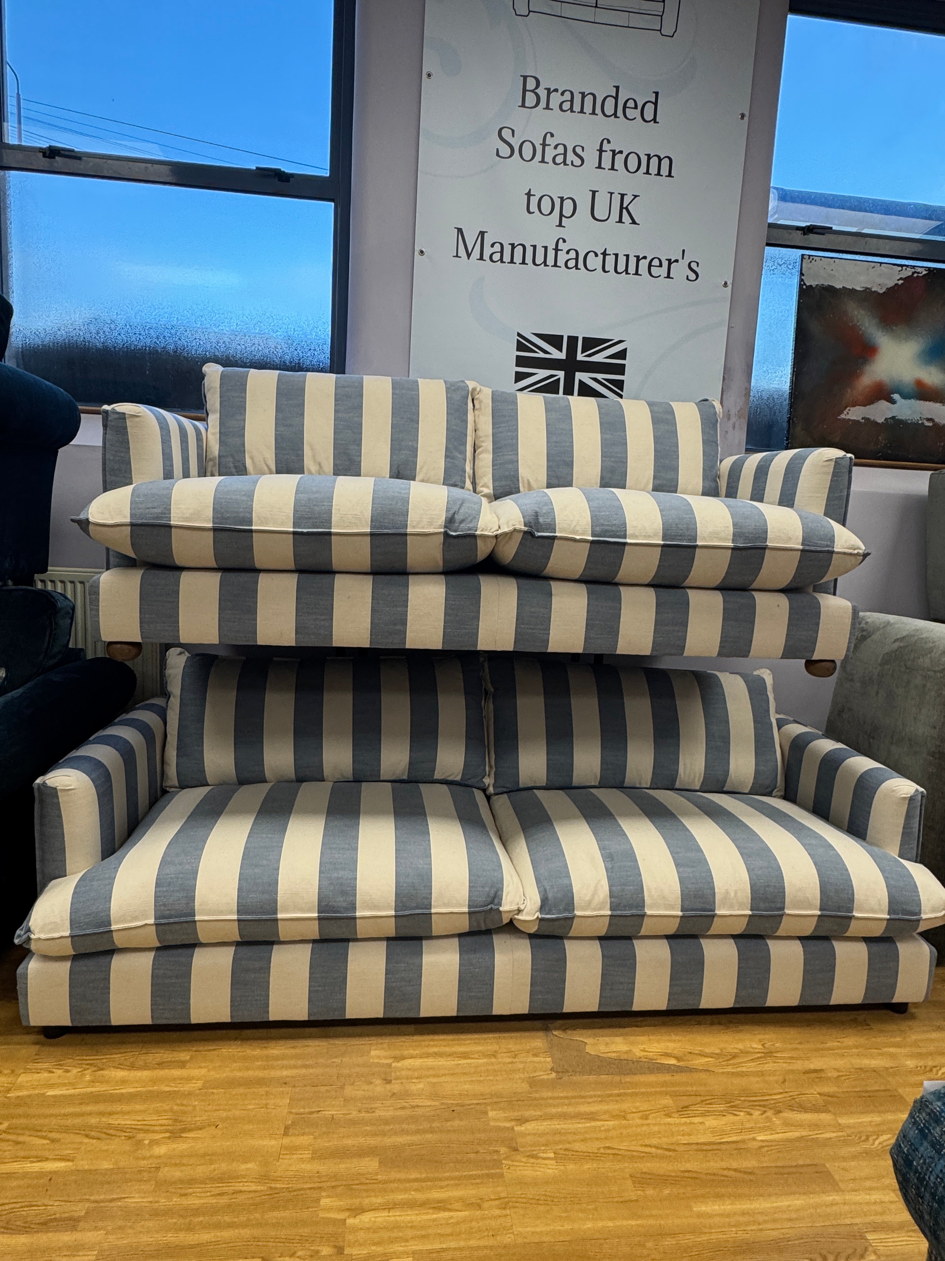 Howth 3 seater sofa in denim blue & white stripe fabric