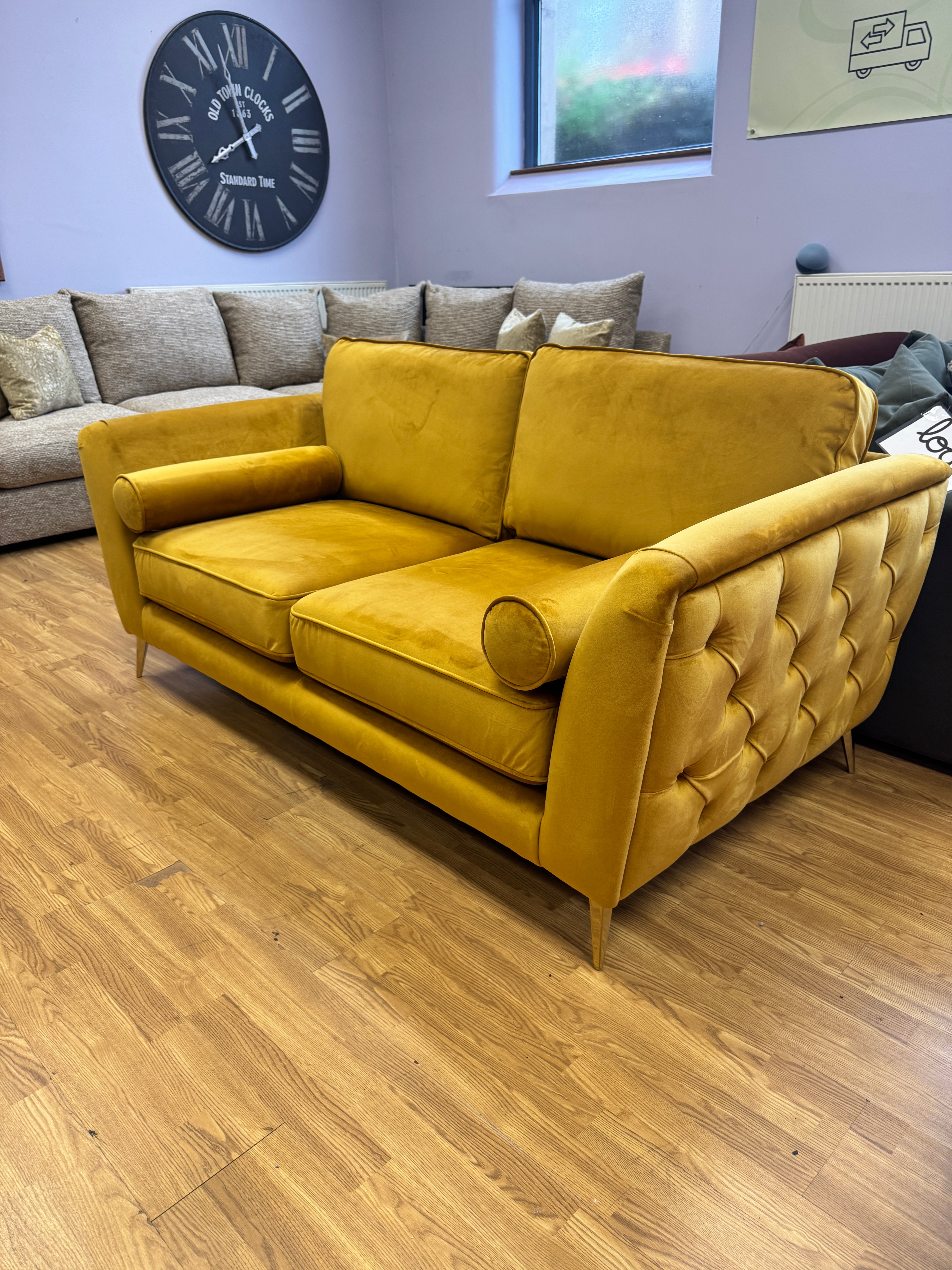 Show Stoppa 3 seater sofa with bolster cushions in amber gold velvet