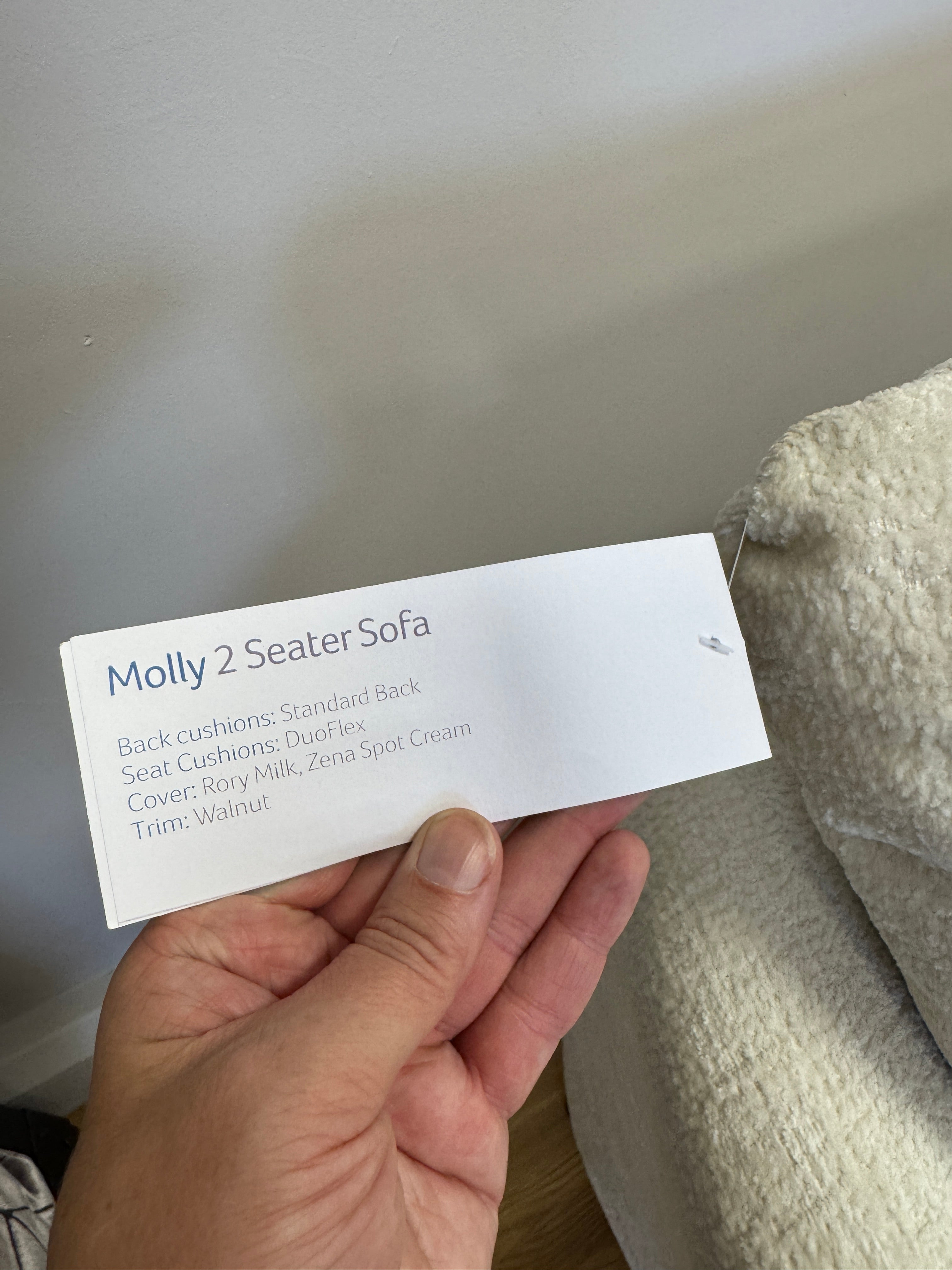 Molly 2 seater sofa in Rory Milk soft fabric
