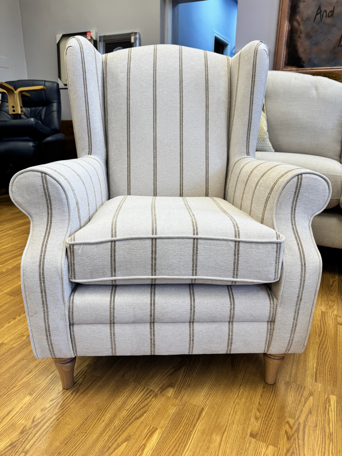 Heather high back winged armchair in natural & honey striped chenille