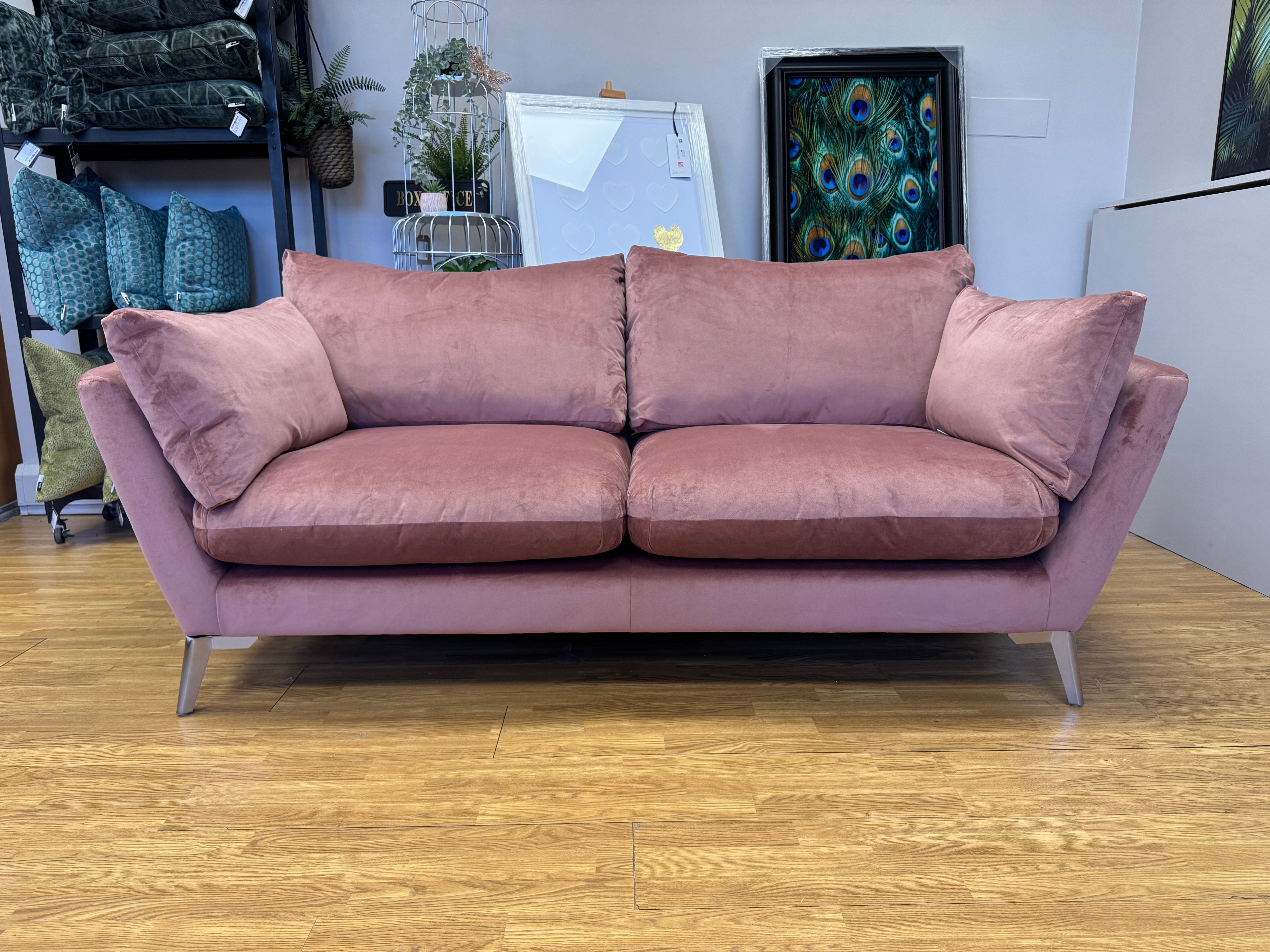Elton curved sided large 3 seater sofa in Blush pink velvet fabric