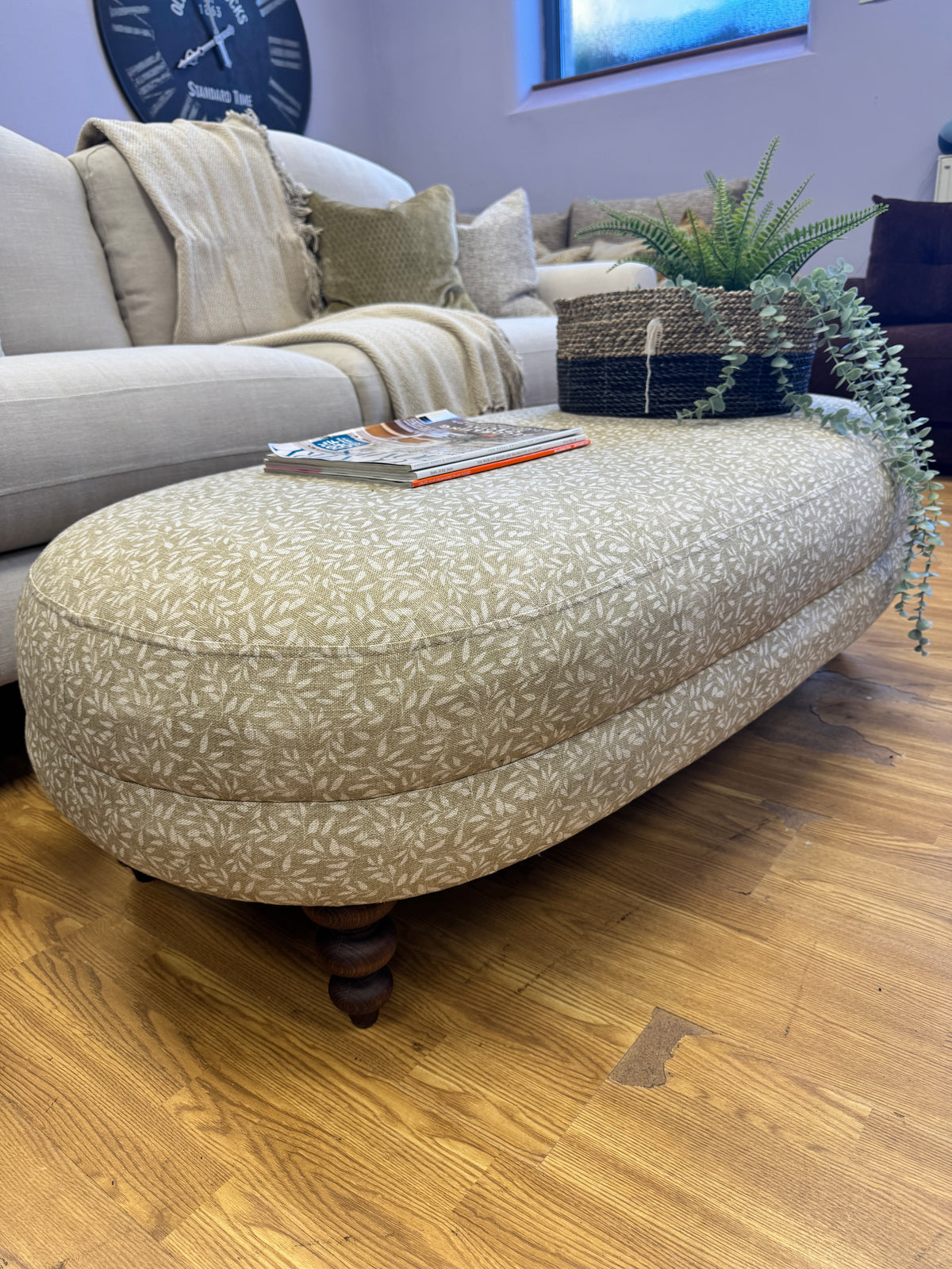 Clover small button back accent chair in Petal stone pattern fabric