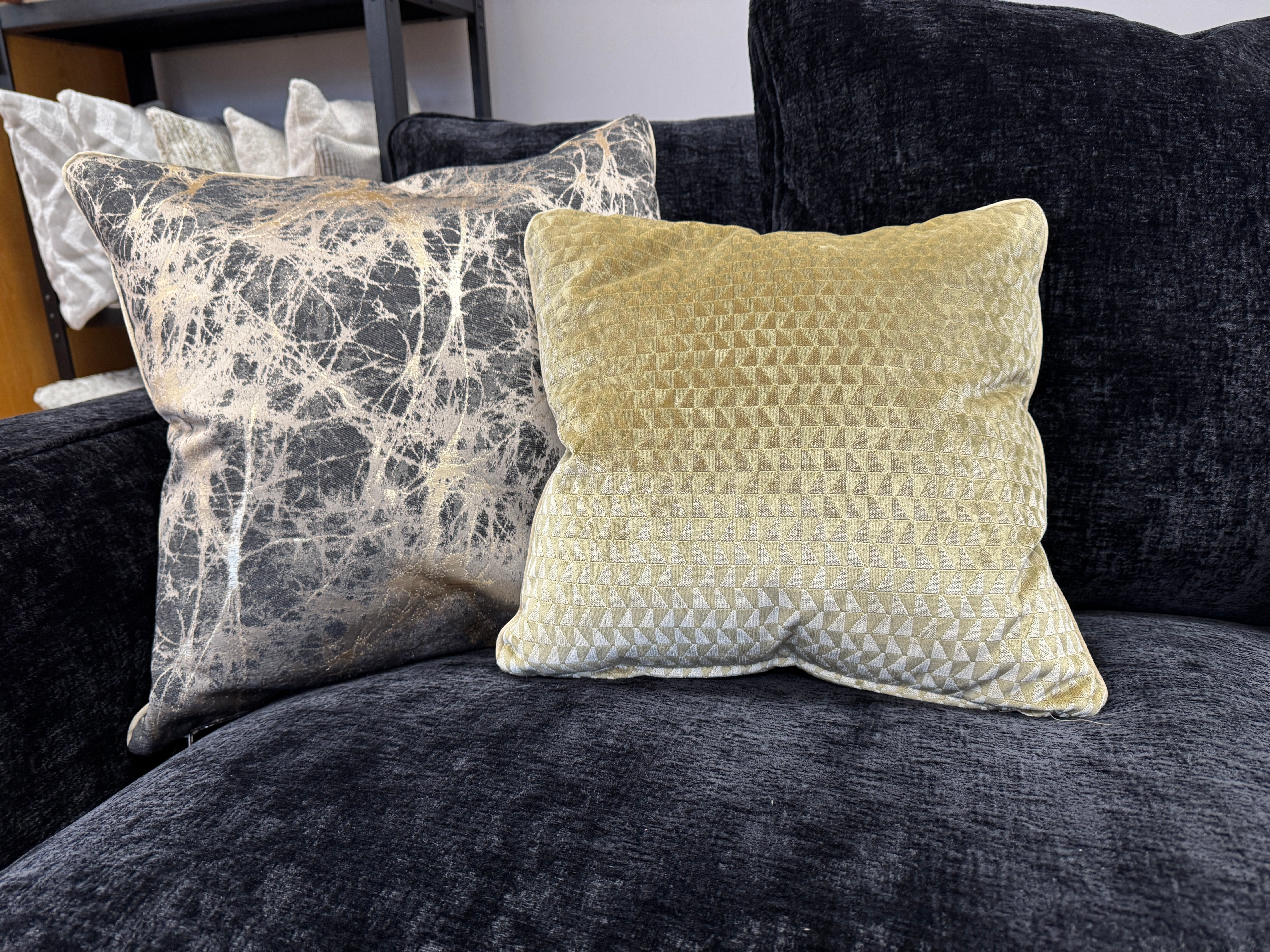 Sofology Rococo large 4 seater cushion back sofa in black chenille fabric