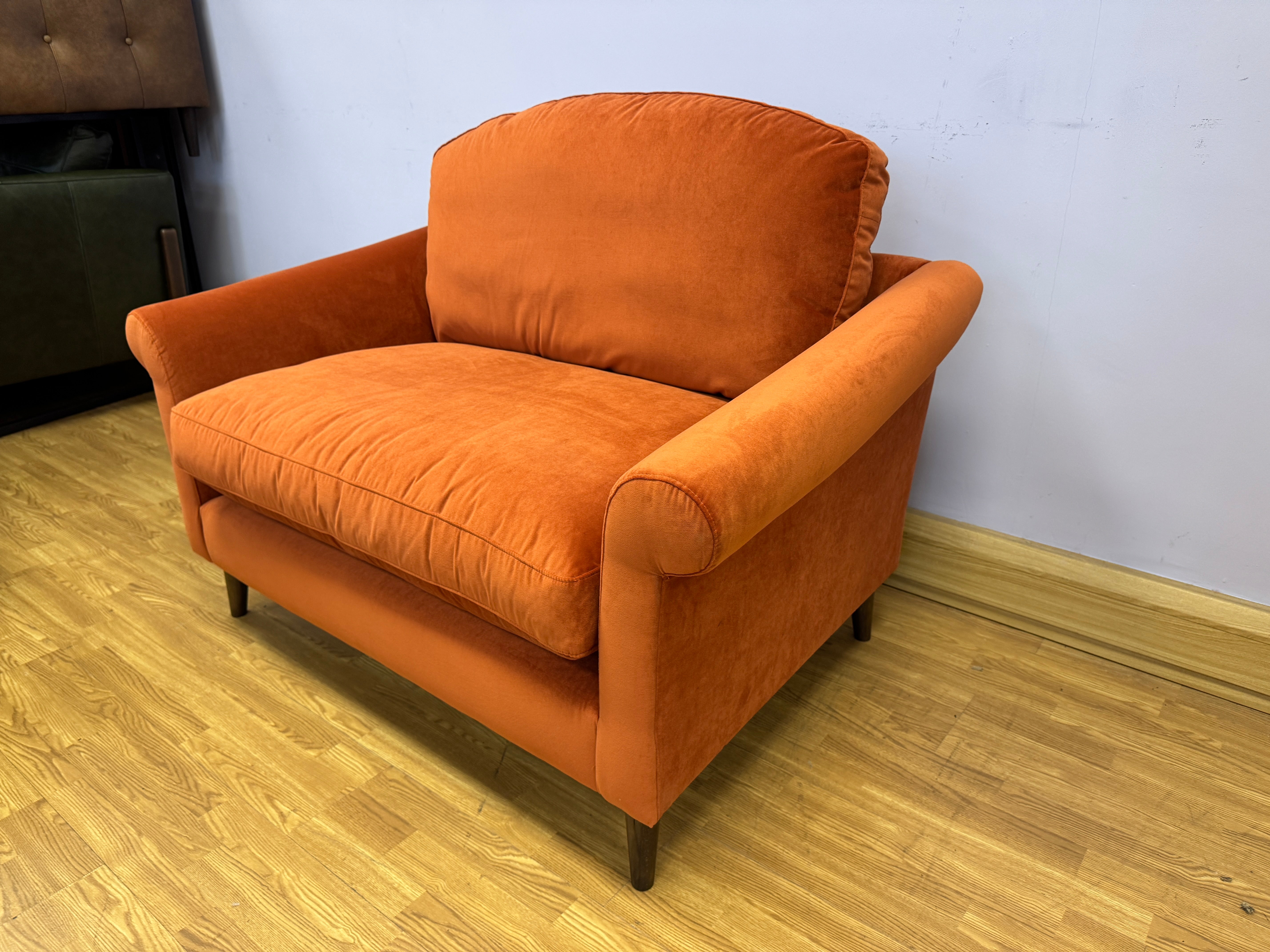 Oskar large loveseat in plush Marmalade orange velvet fabric
