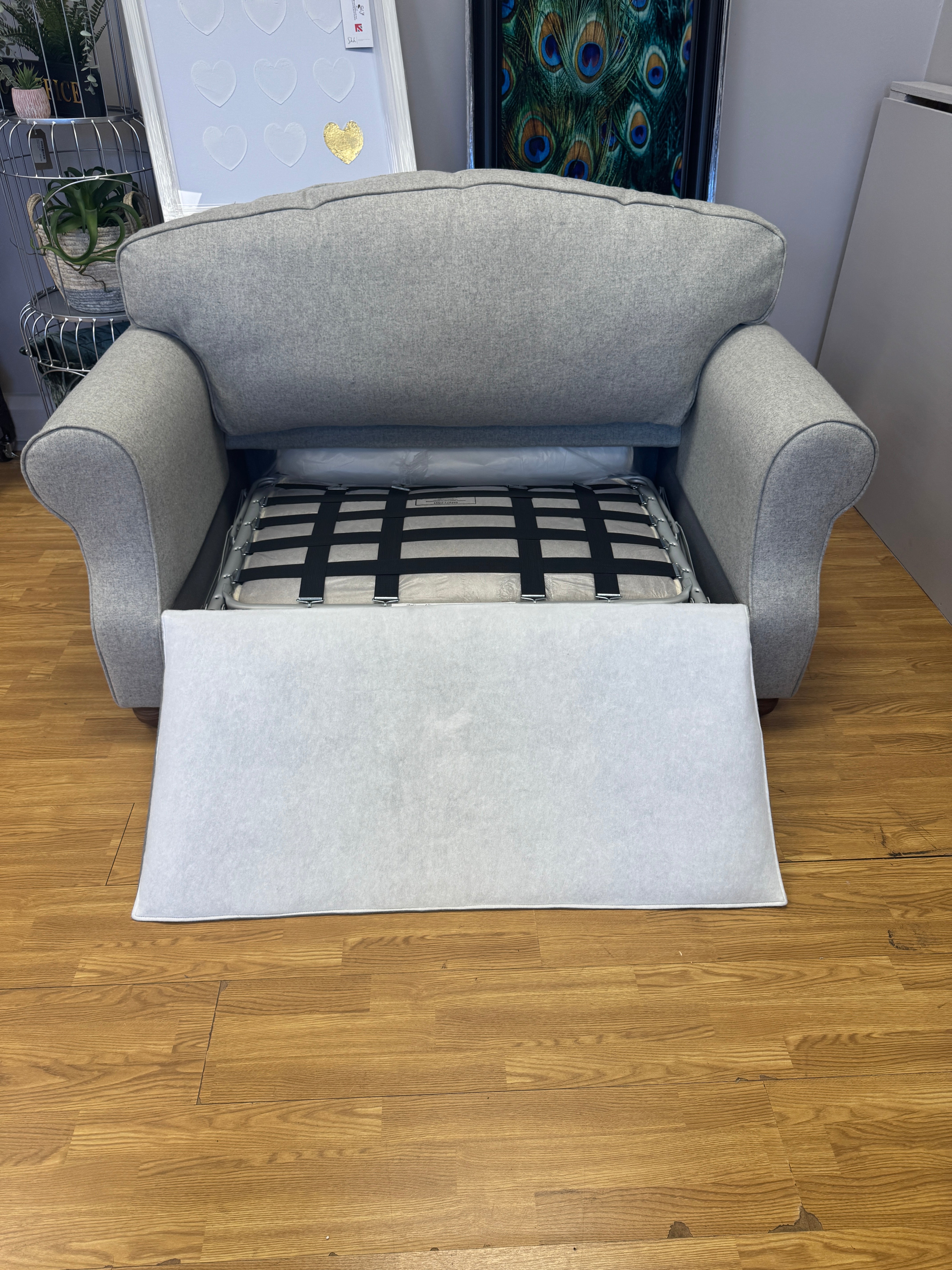 Willow & Hall Lyneham loveseat sofa bed in Parchment light grey wool fabric
