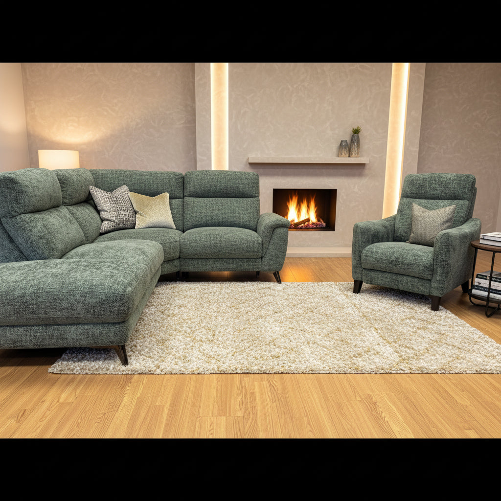 Contempo Left facing Electric reclining corner sofa & matching reclining chair in green chenille basket weave fabric