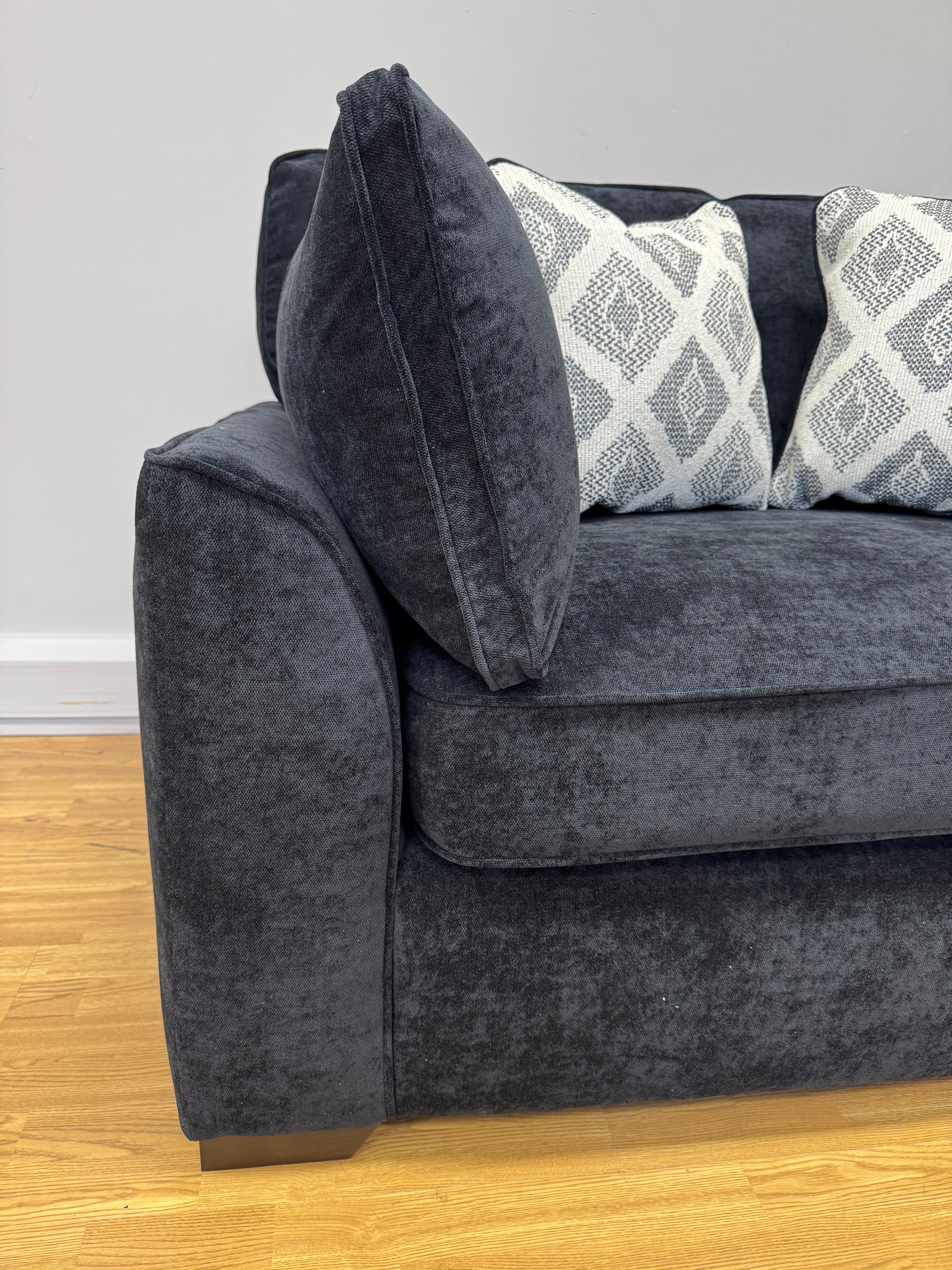 Lorna large loveseat with bolster cushions and matching footstool in Kingston Black chenille fabric