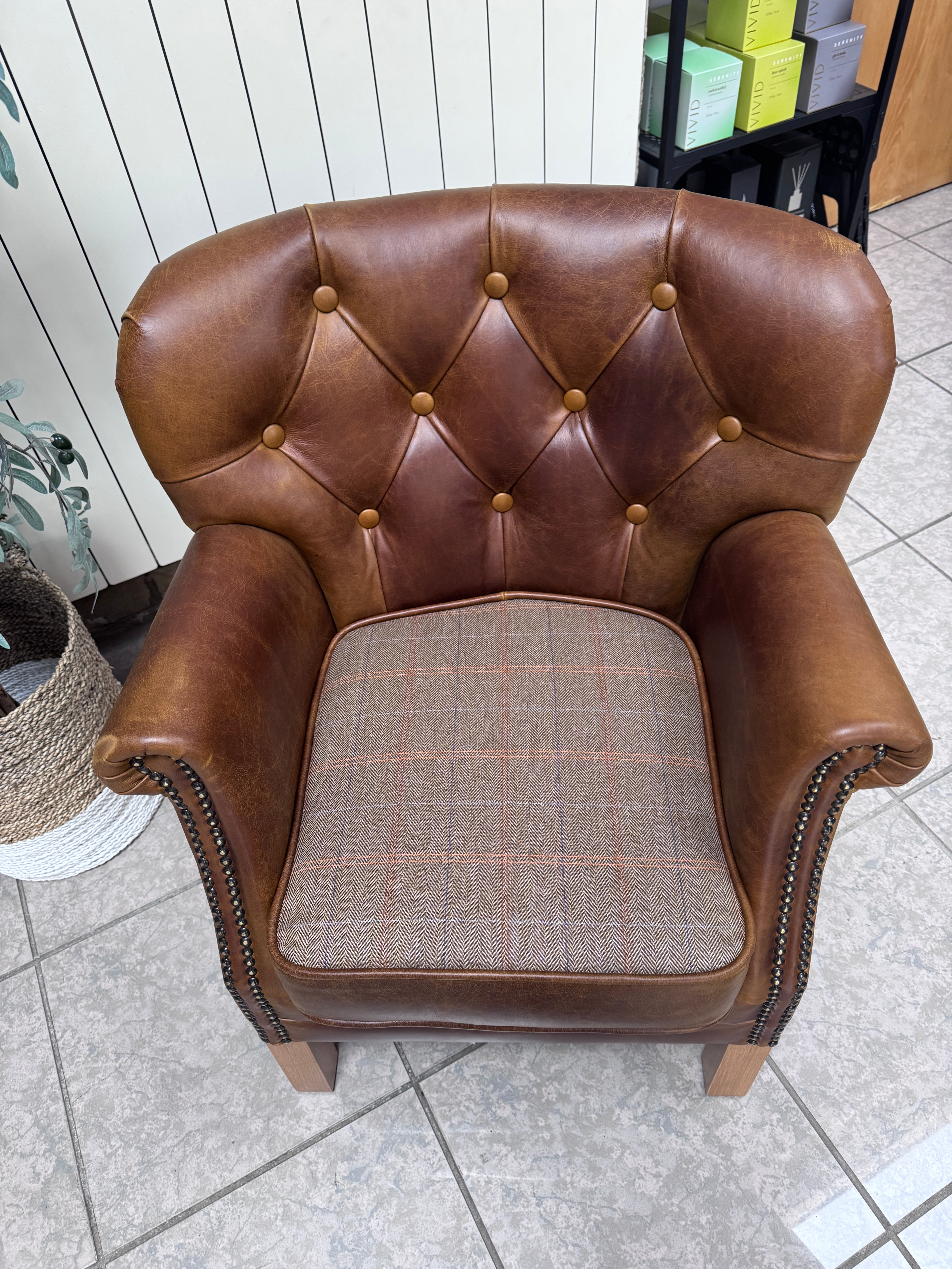 Governor accent chair in Whiskey brown leather with Harris Tweed reversible seat pad