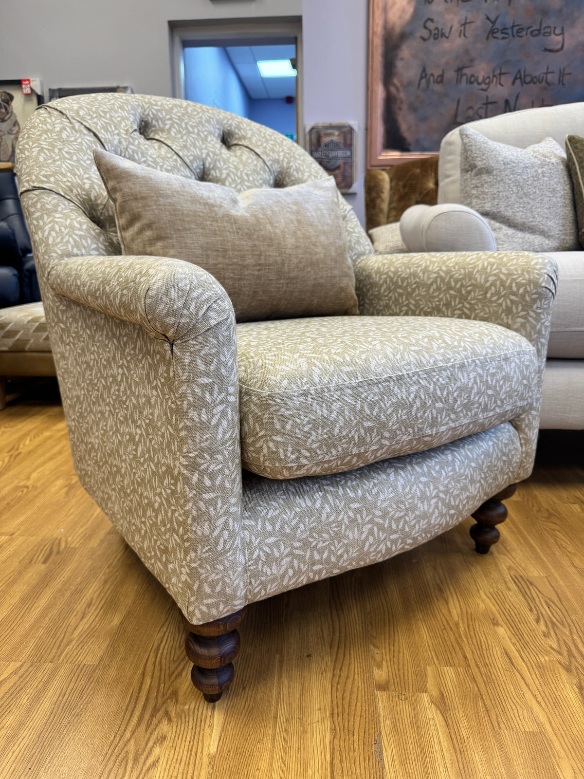 Clover small button back accent chair in Petal stone pattern fabric