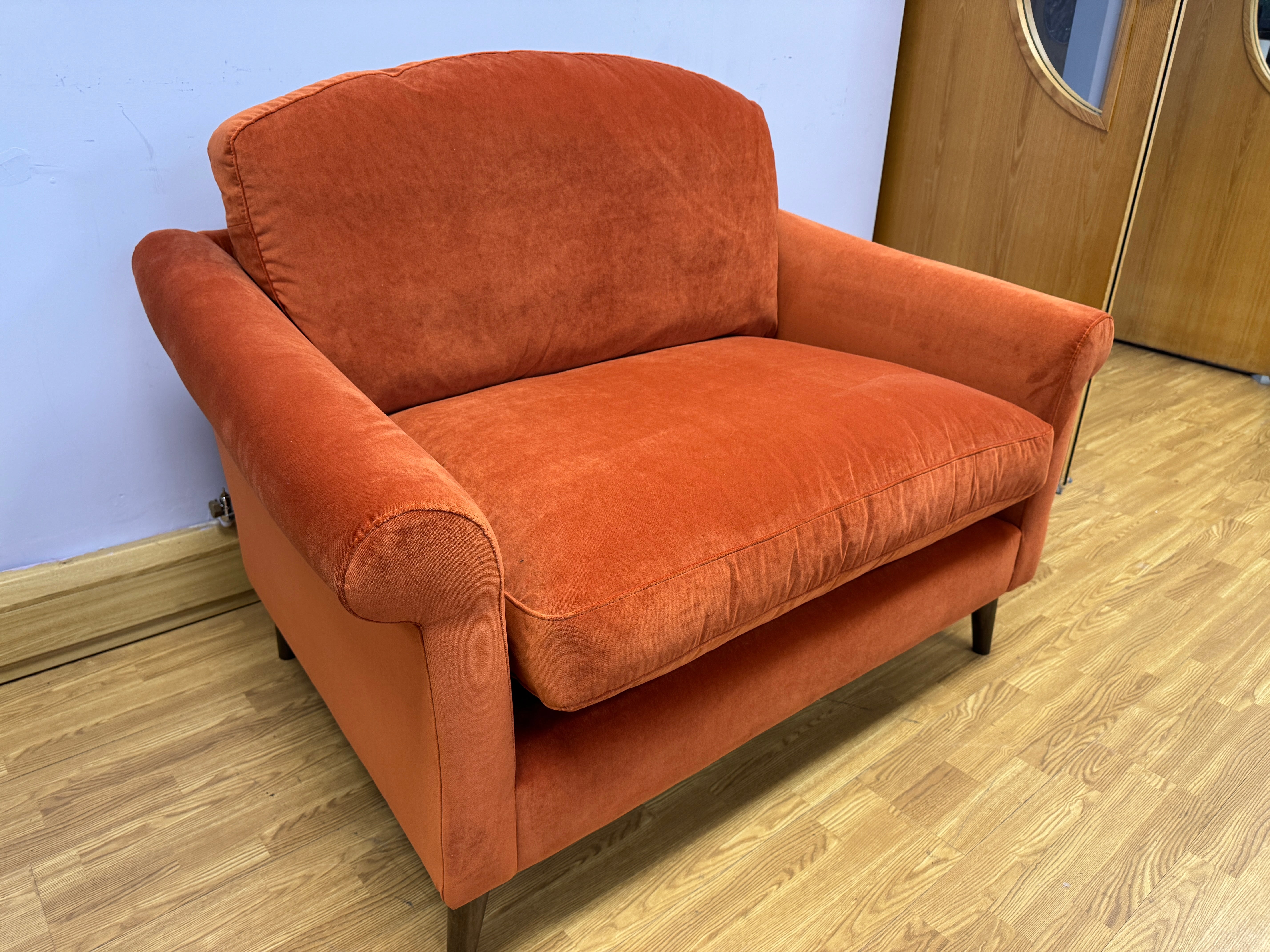 Oskar large loveseat in plush Marmalade orange velvet fabric