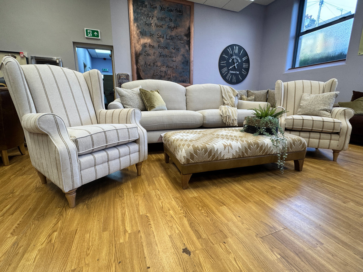 Heather high back winged armchair in natural & honey striped chenille