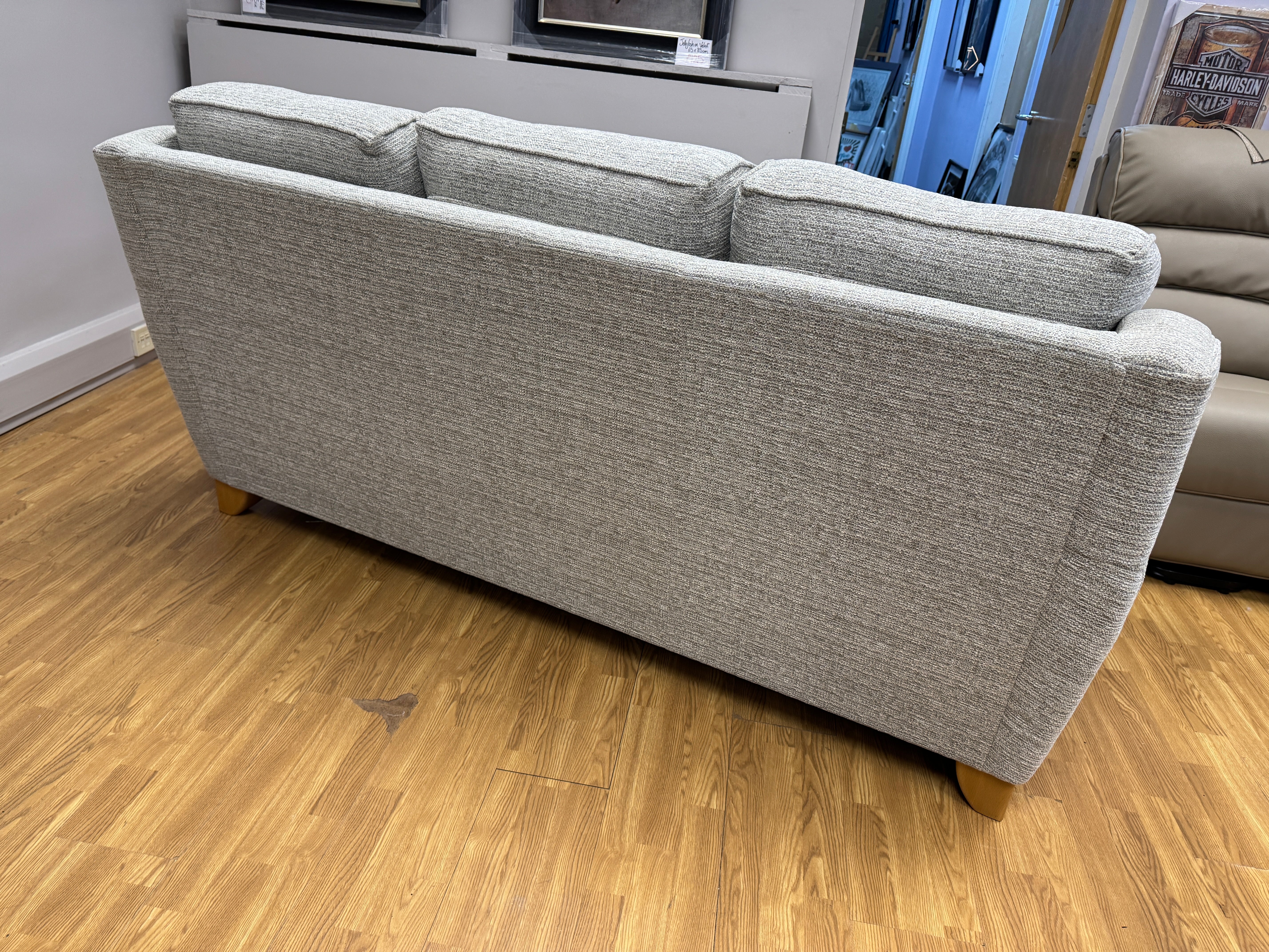 Parker Knoll Manhattan 3 seater high back sofa in light grey mix weave fabric