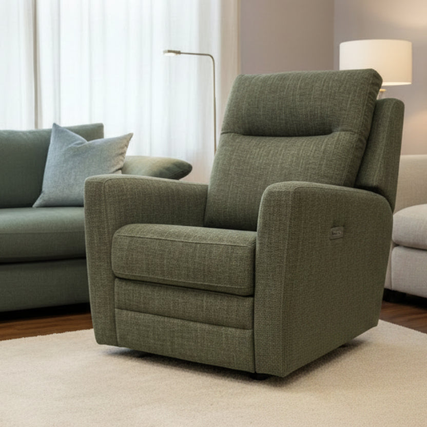 Parker Knoll Chicago electric reclining armchair with lumbar support in Green herringbone fabric