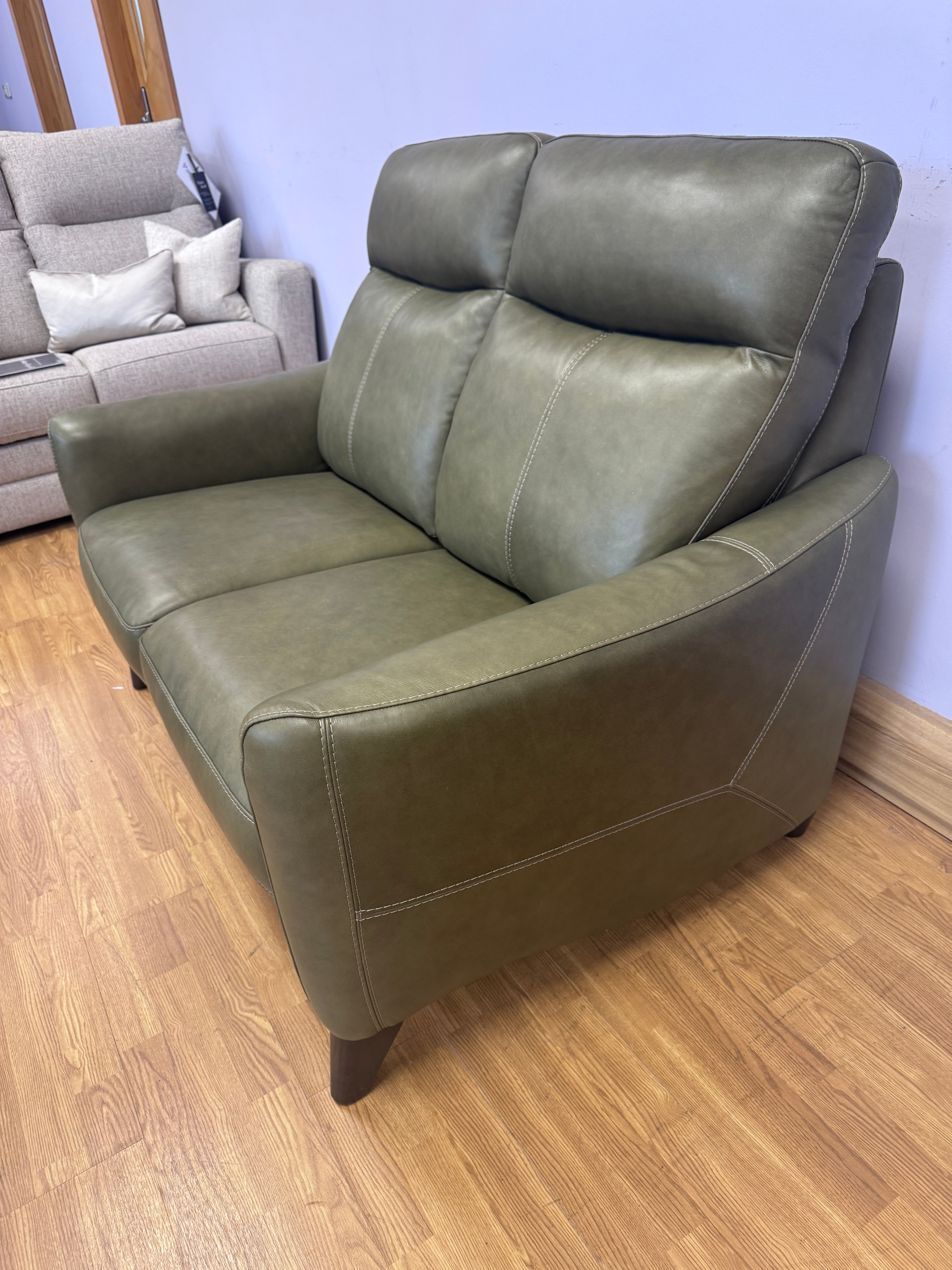 Compact Contempo petite 2 seater high back sofa in Olive green leather (pair available)