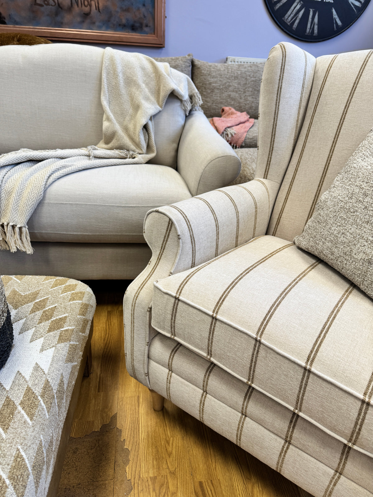 Heather high back winged armchair in natural & honey striped chenille
