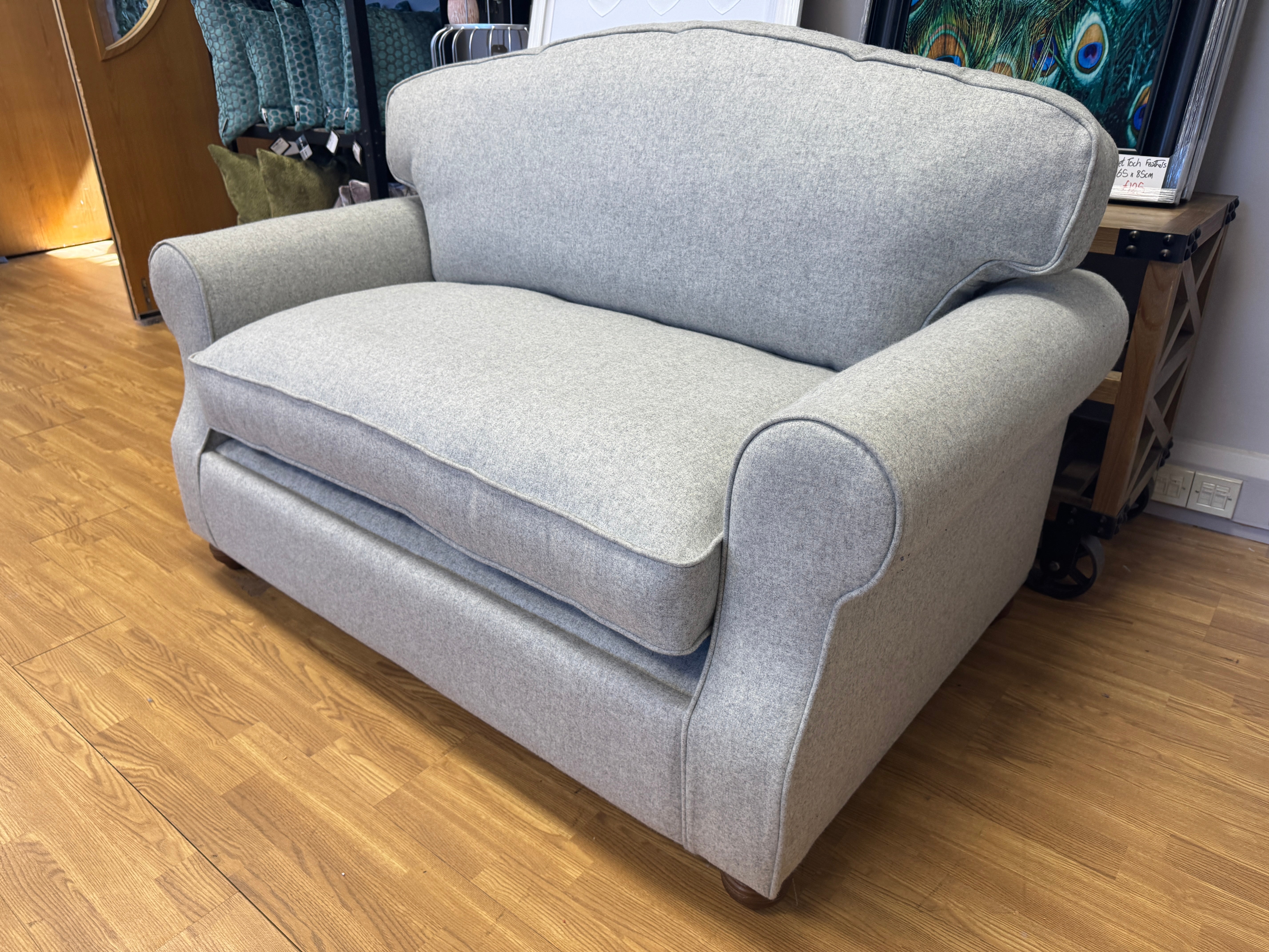 Willow & Hall Lyneham loveseat sofa bed in Parchment light grey wool fabric