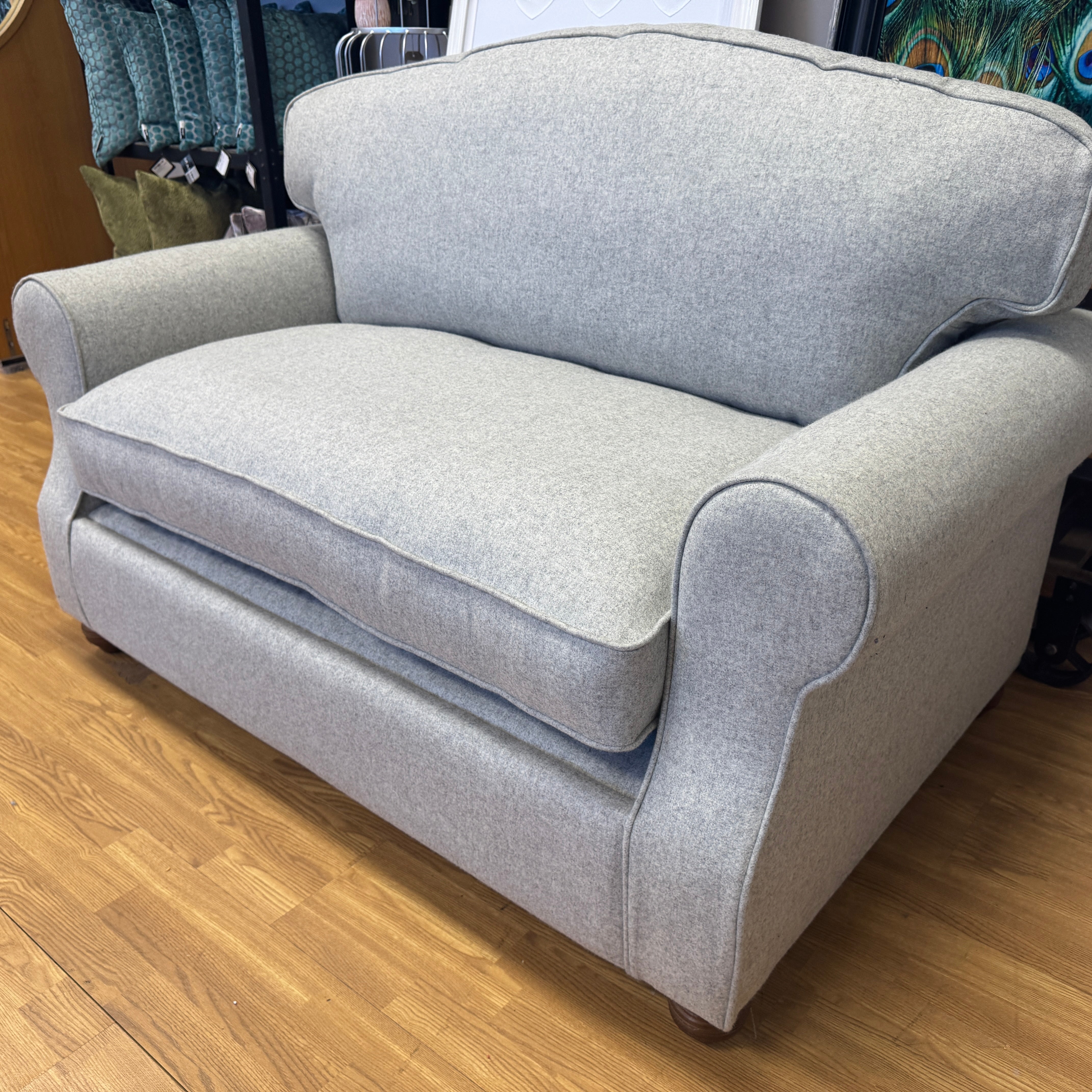 Willow & Hall Lyneham loveseat sofa bed in Parchment light grey wool fabric