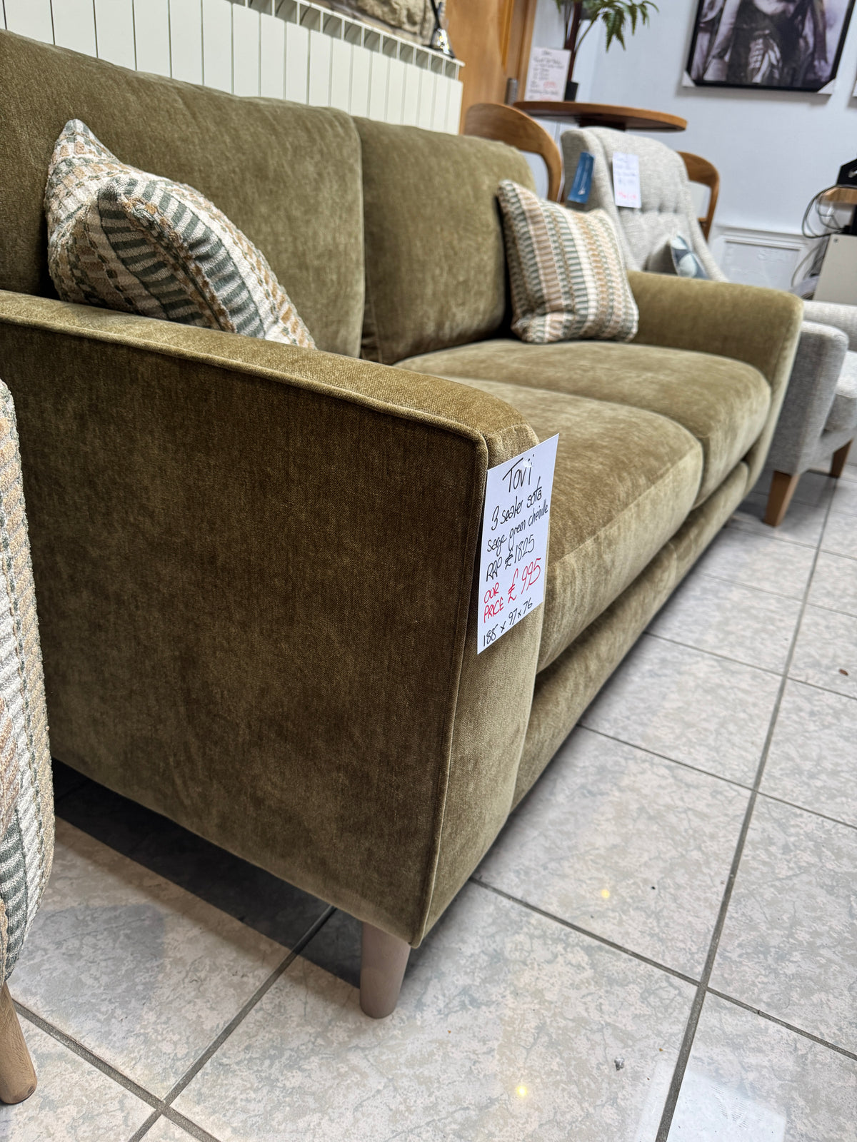 Tovi medium 3 seater sofa in Sage green chenille fabric