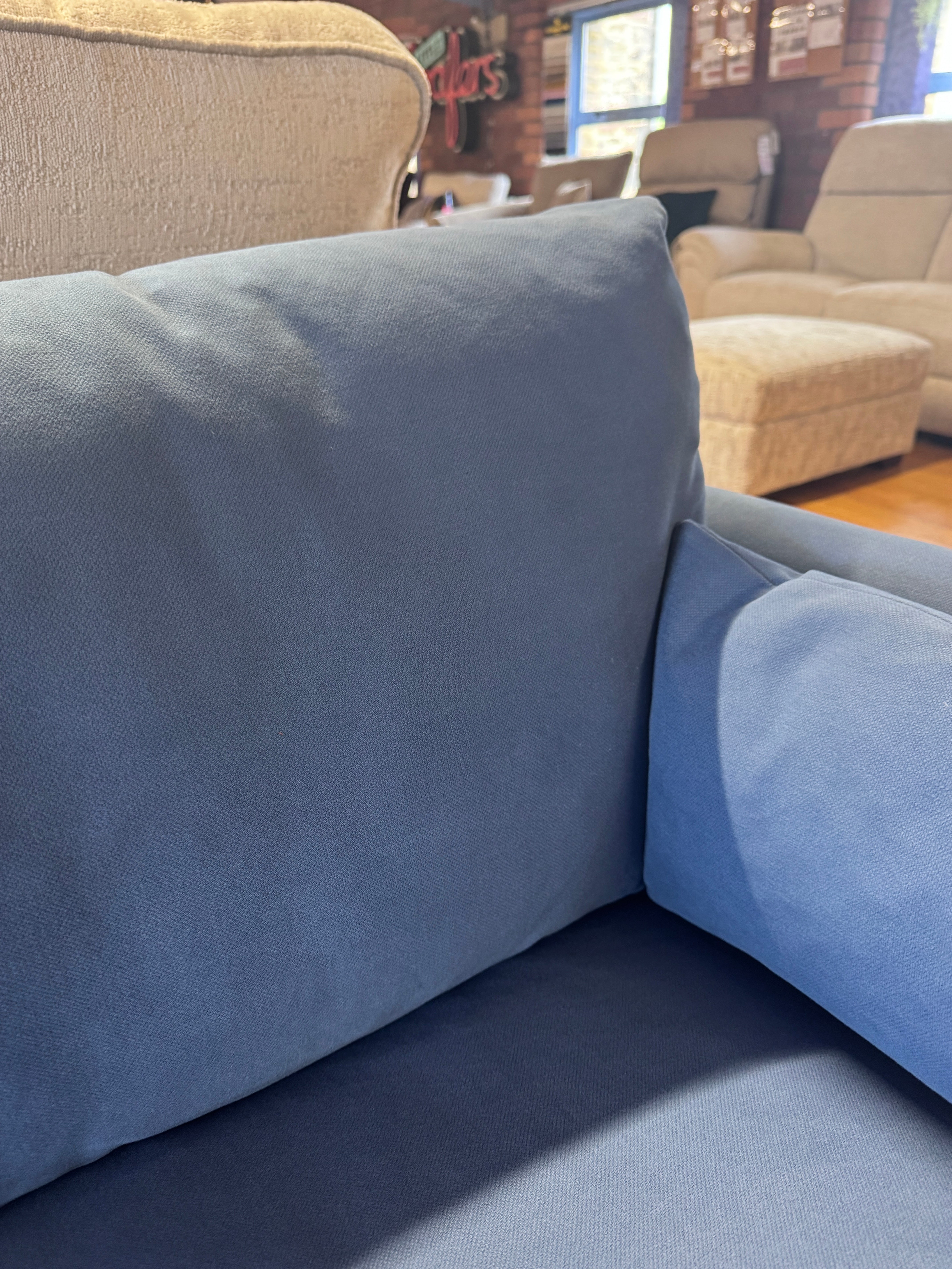 Loaf Jeffers 2 seater bench seat style sofa in Sloe Berry Bush blue cotton twill fabric