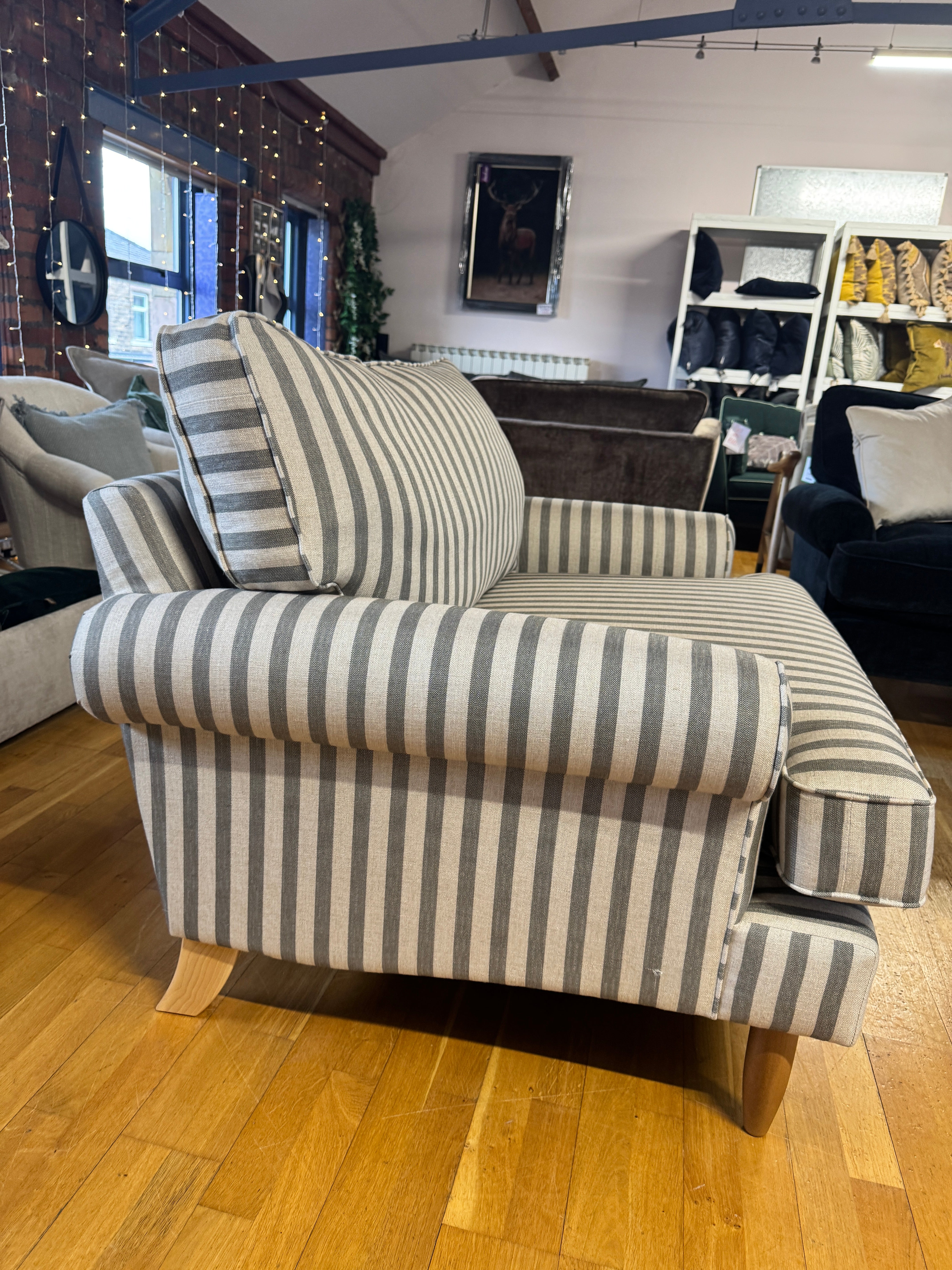 Finchley loveseat snuggle chair in linen mix grey stripe fabric