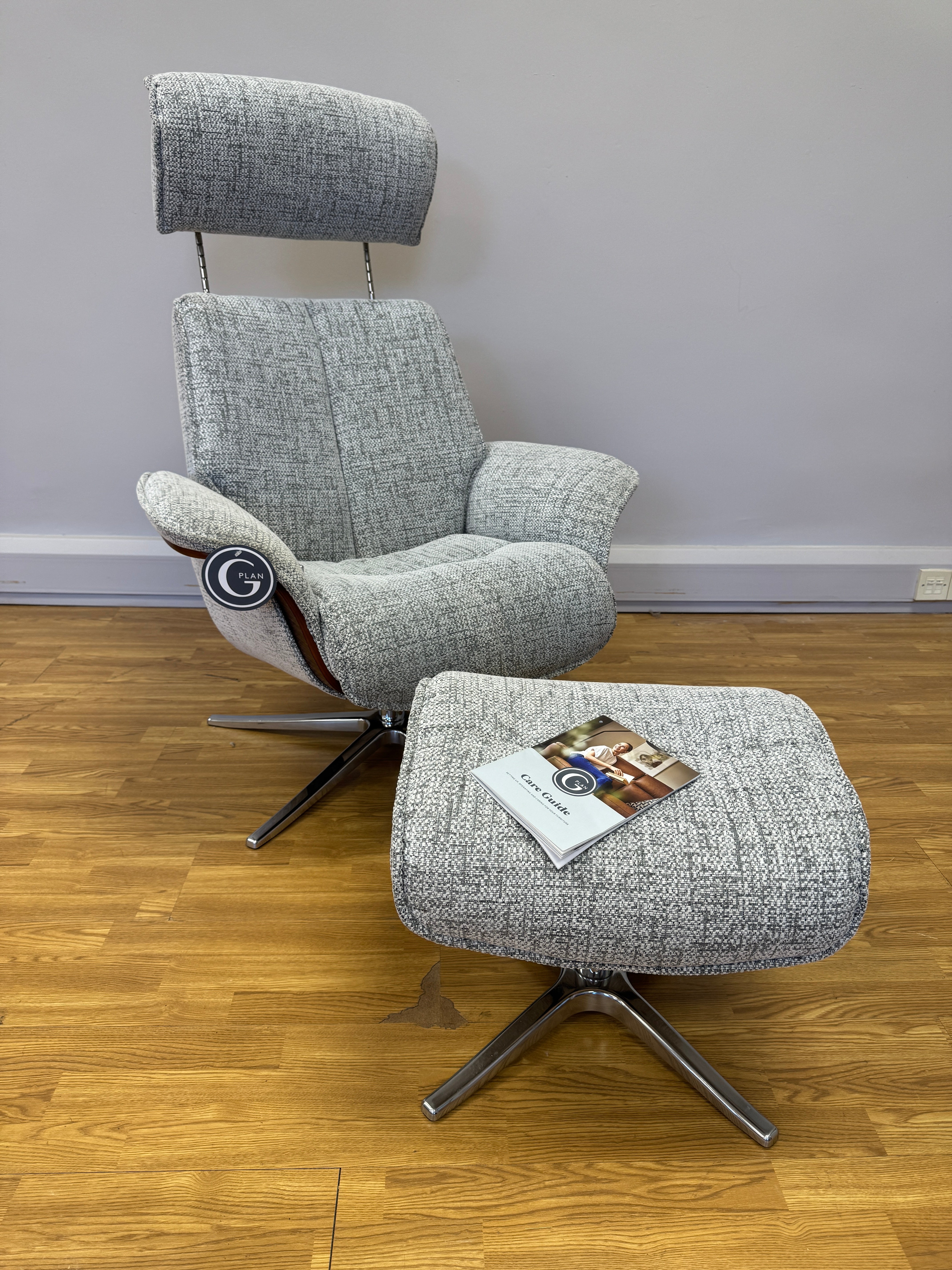 Lund manual reclining accent chair with matching footstool in Harbour Slate fabric