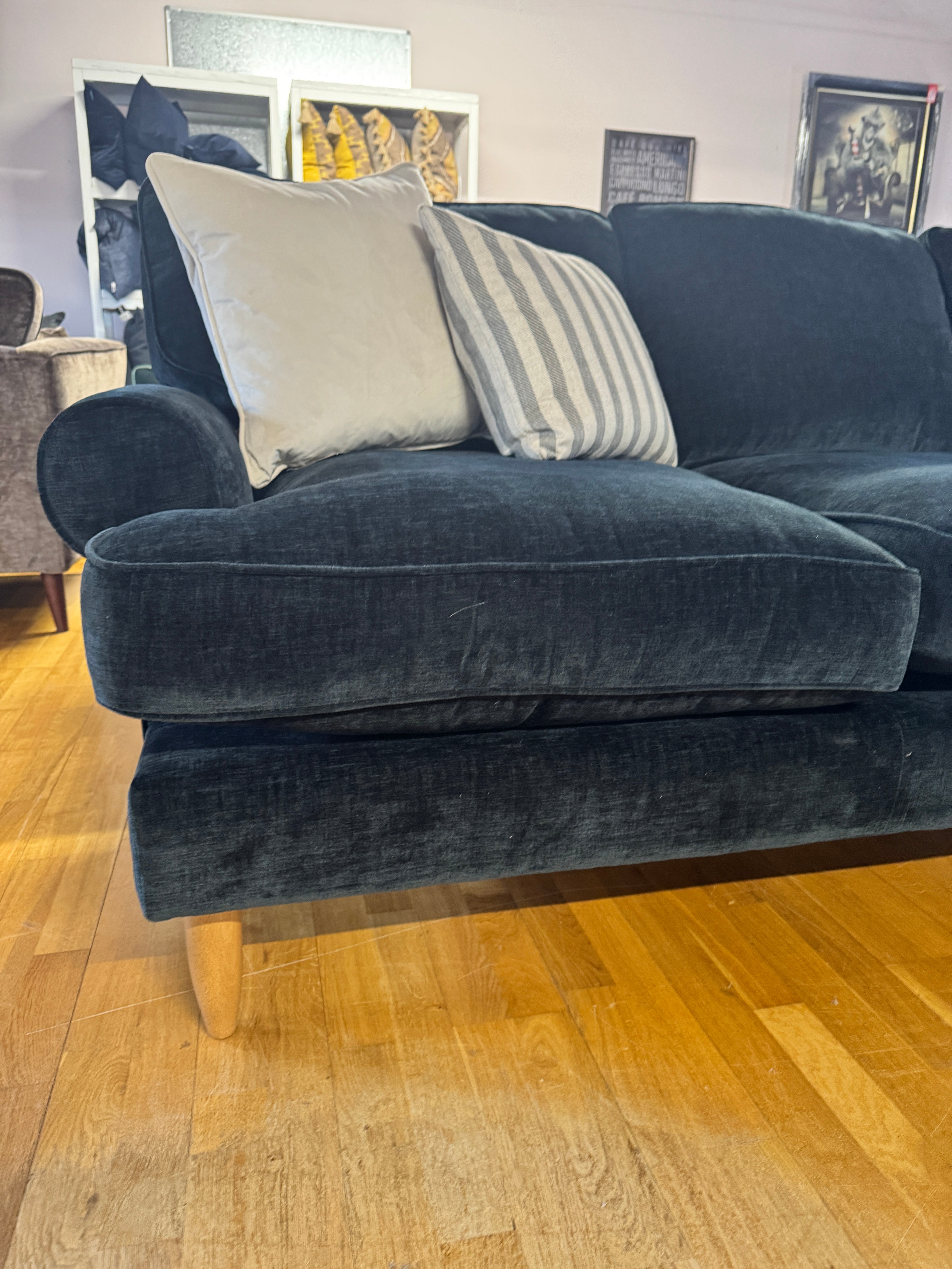 Finchley right facing 2 piece chaise sofa in Ink blue chenille fabric