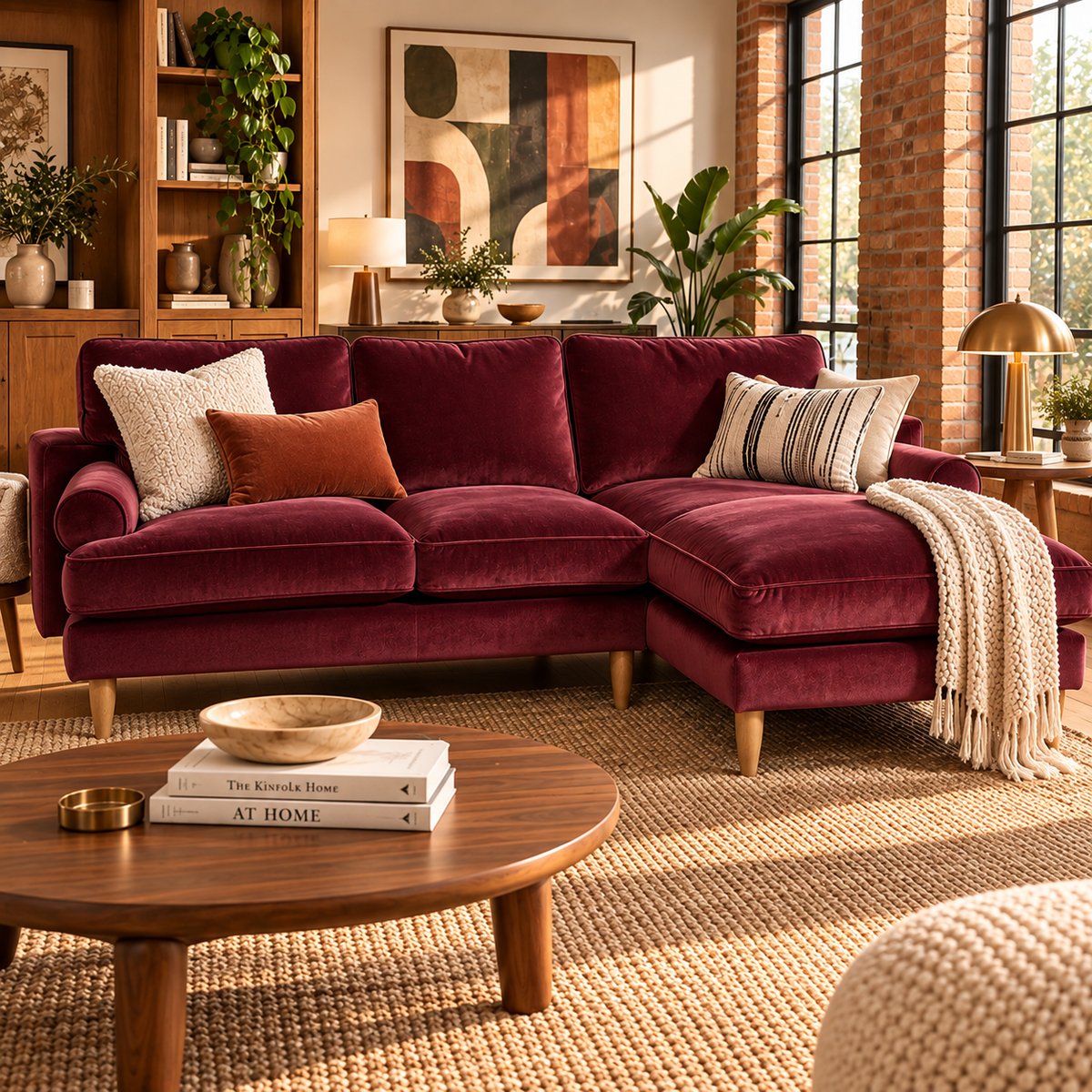 Finchley right facing 2 piece chaise sofa in Mulberry red chenille fabric