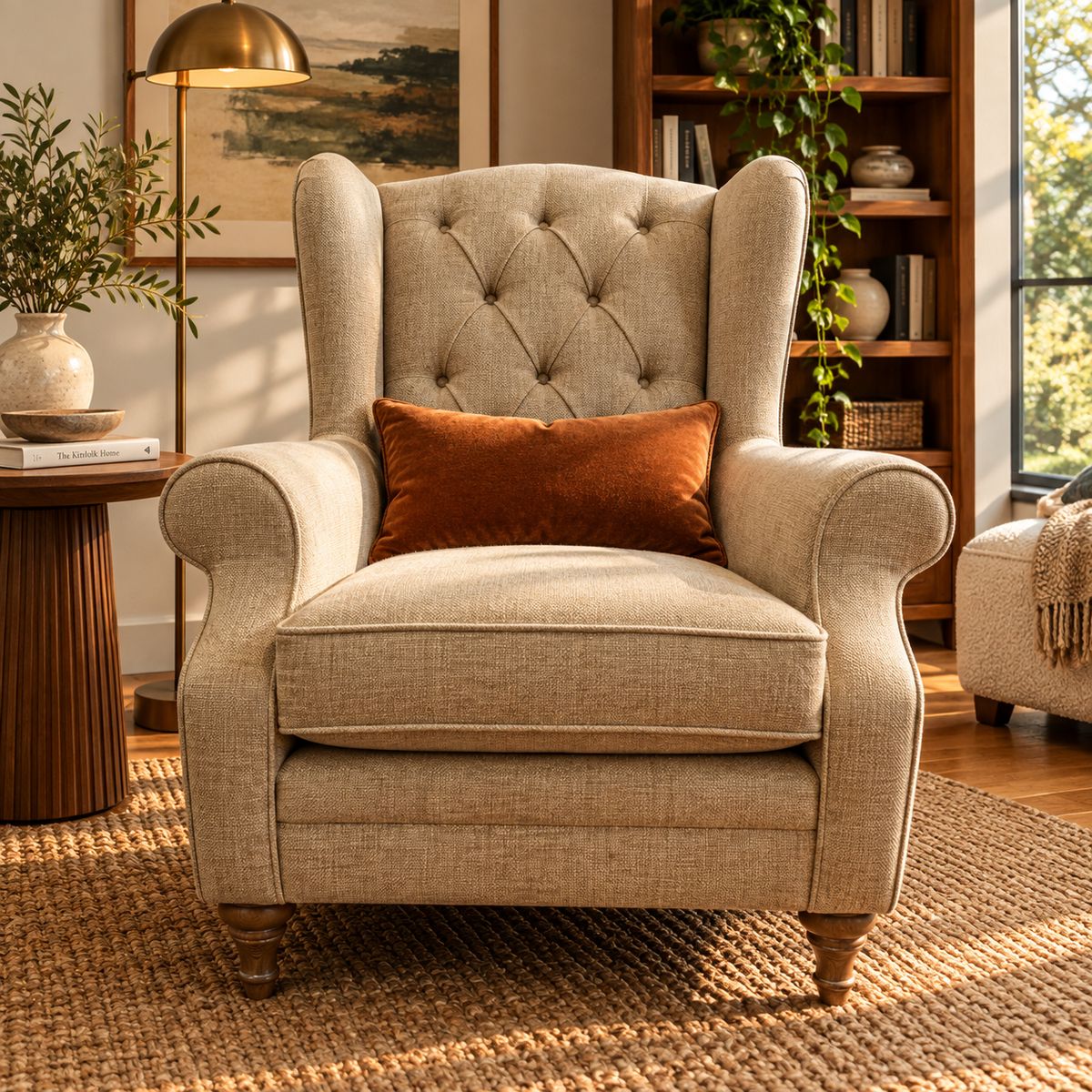 Heather high button back winged armchair in Marni Toffee chenille