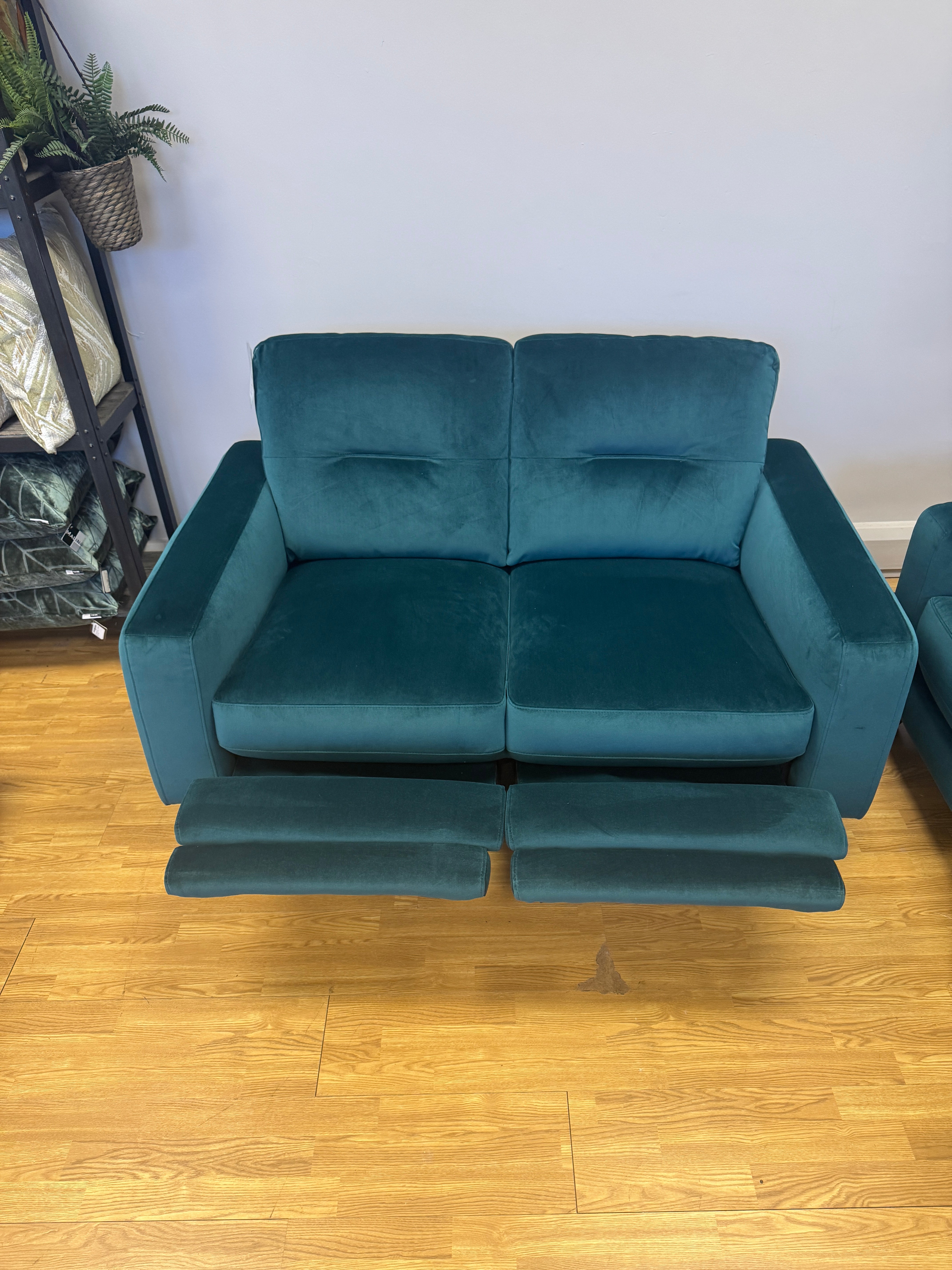 Compact 2 seater sofa with electric incline footrest in Lumino teal velvet (matching pair available)
