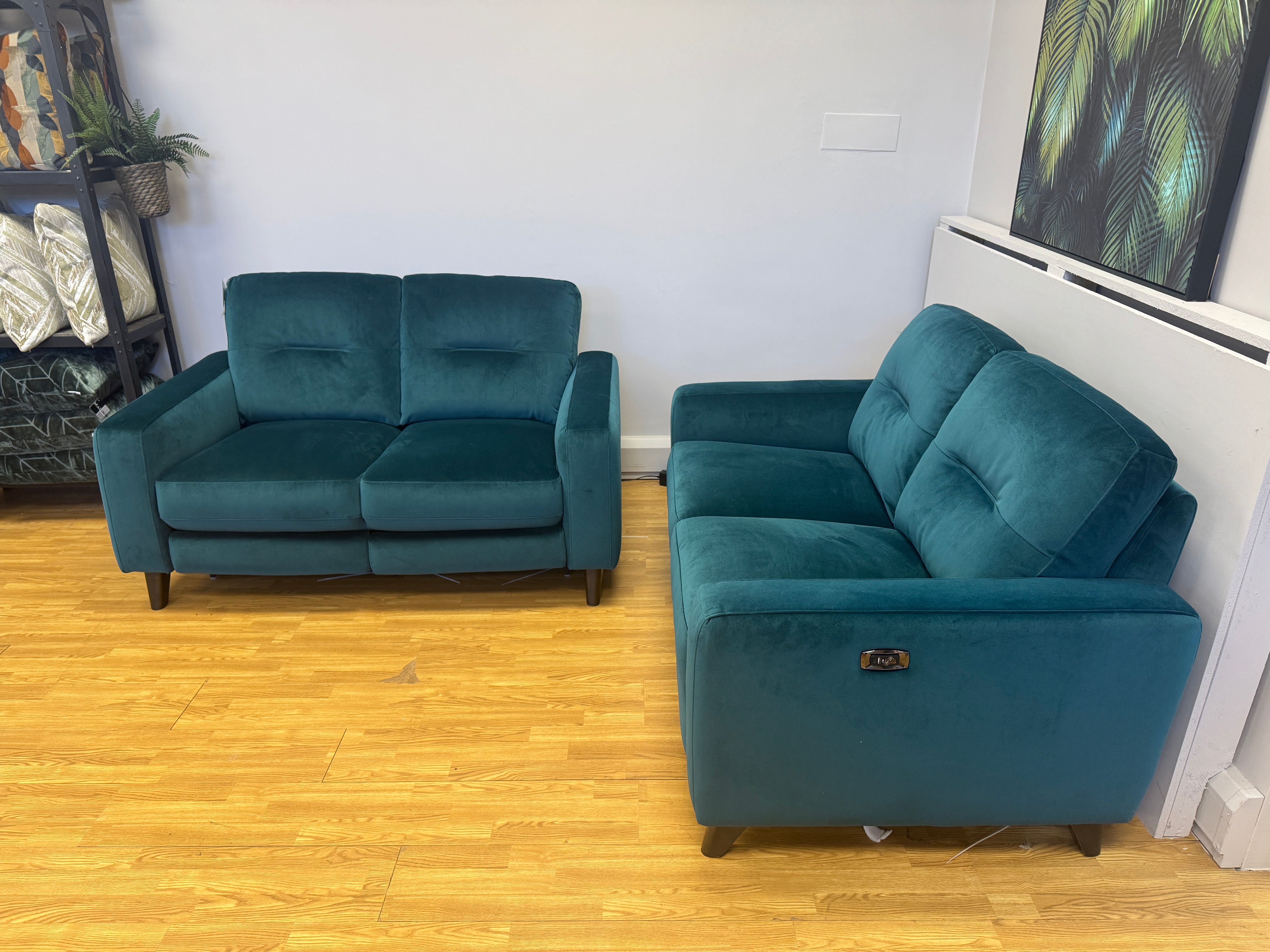 Elmo 2 seater sofa with electric incline footrest in Lumino teal velvet (matching pair available)