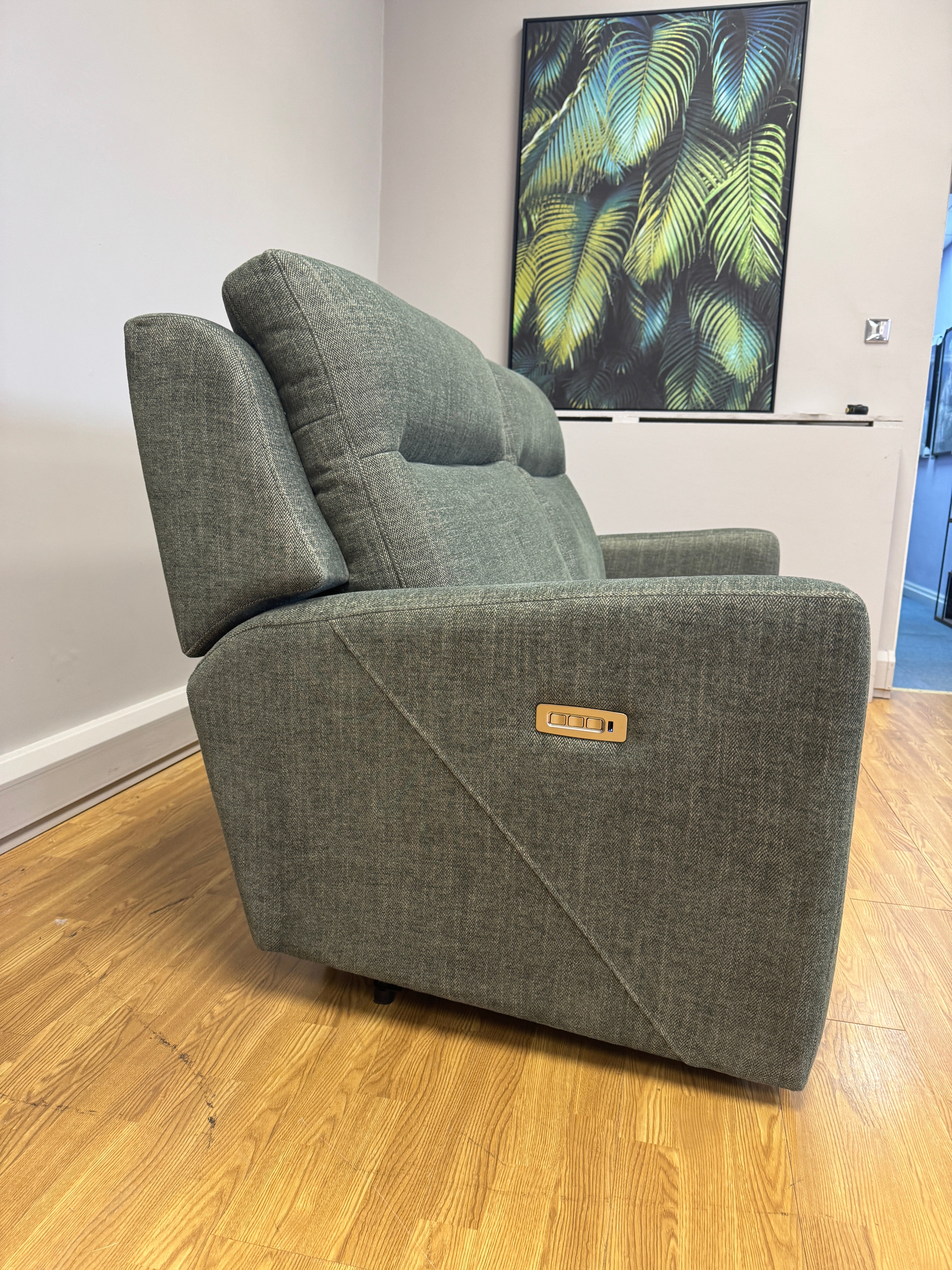 Parker Knoll Chicago split 3 seater electric reclining sofa with lumbar support in Green herringbone fabric