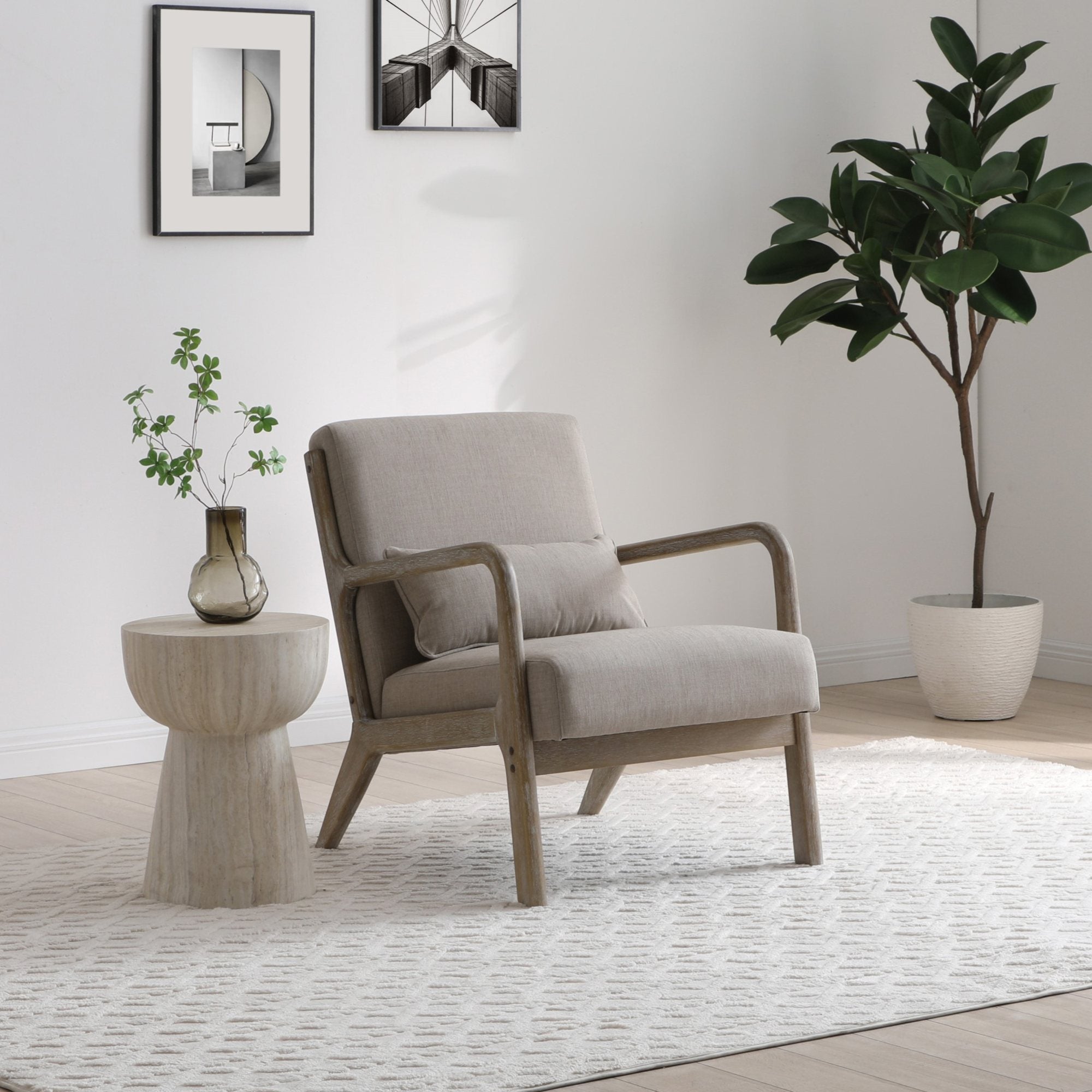Inca plain accent chair with a light washed wood frame