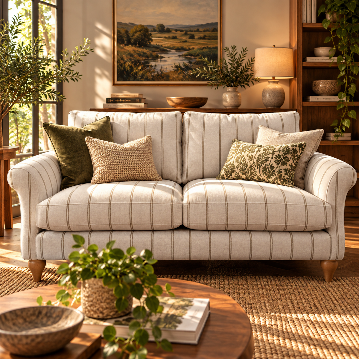 Lacey medium 2 seater sofa in natural & honey stripe chenille fabric