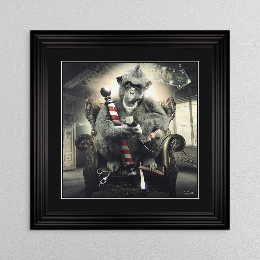 Sylvain Binet Barber Shop Monkey framed art 90cm x 90cm