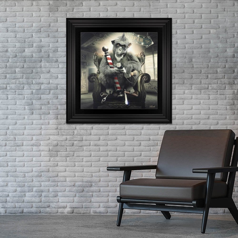 Sylvain Binet Barber Shop Monkey framed art 90cm x 90cm