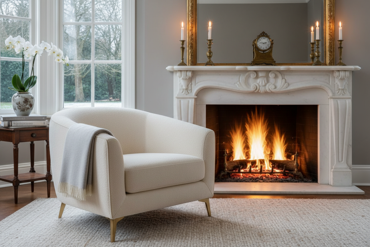 designer armchair in front of a fireplace