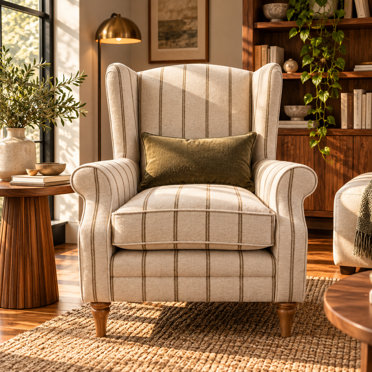 Heather high back winged armchair in natural & honey striped chenille