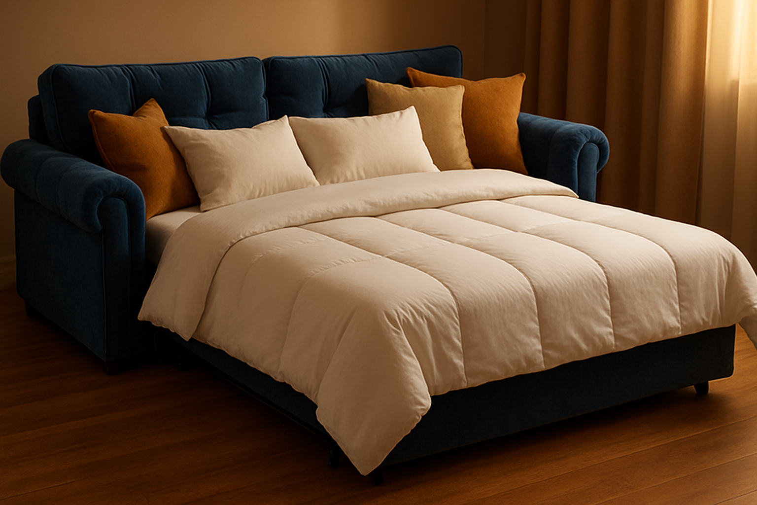 padded blue sofa bed with pull out mattress and duvet and cushions