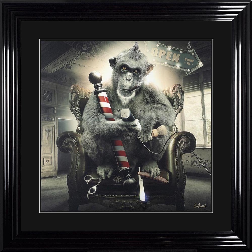 Sylvain Binet Barber Shop Monkey framed art 90cm x 90cm
