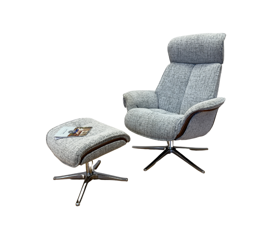 Lund manual reclining accent chair with matching footstool in Harbour Slate fabric