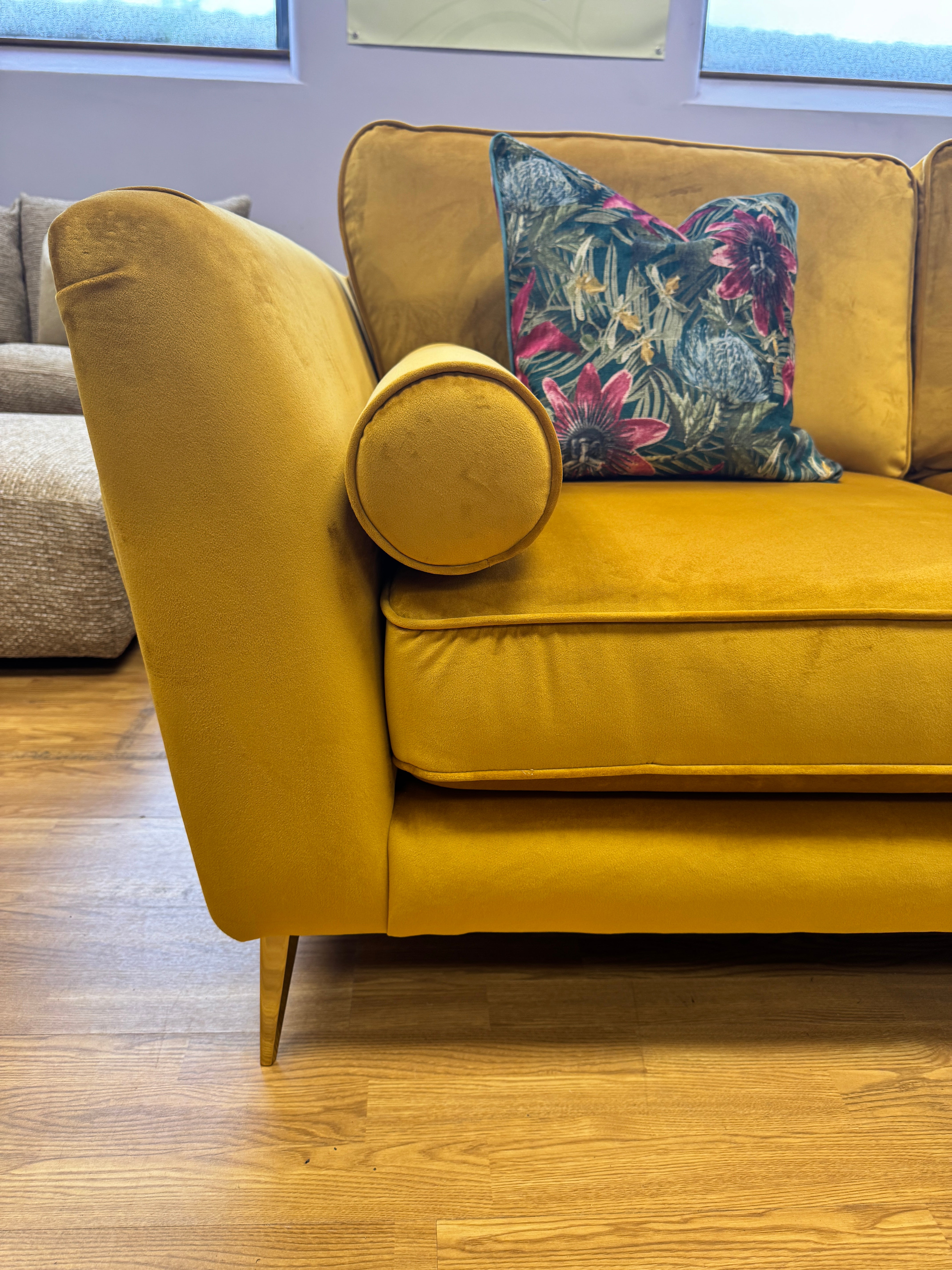 Show Stoppa 3 seater sofa with bolster cushions in amber gold velvet