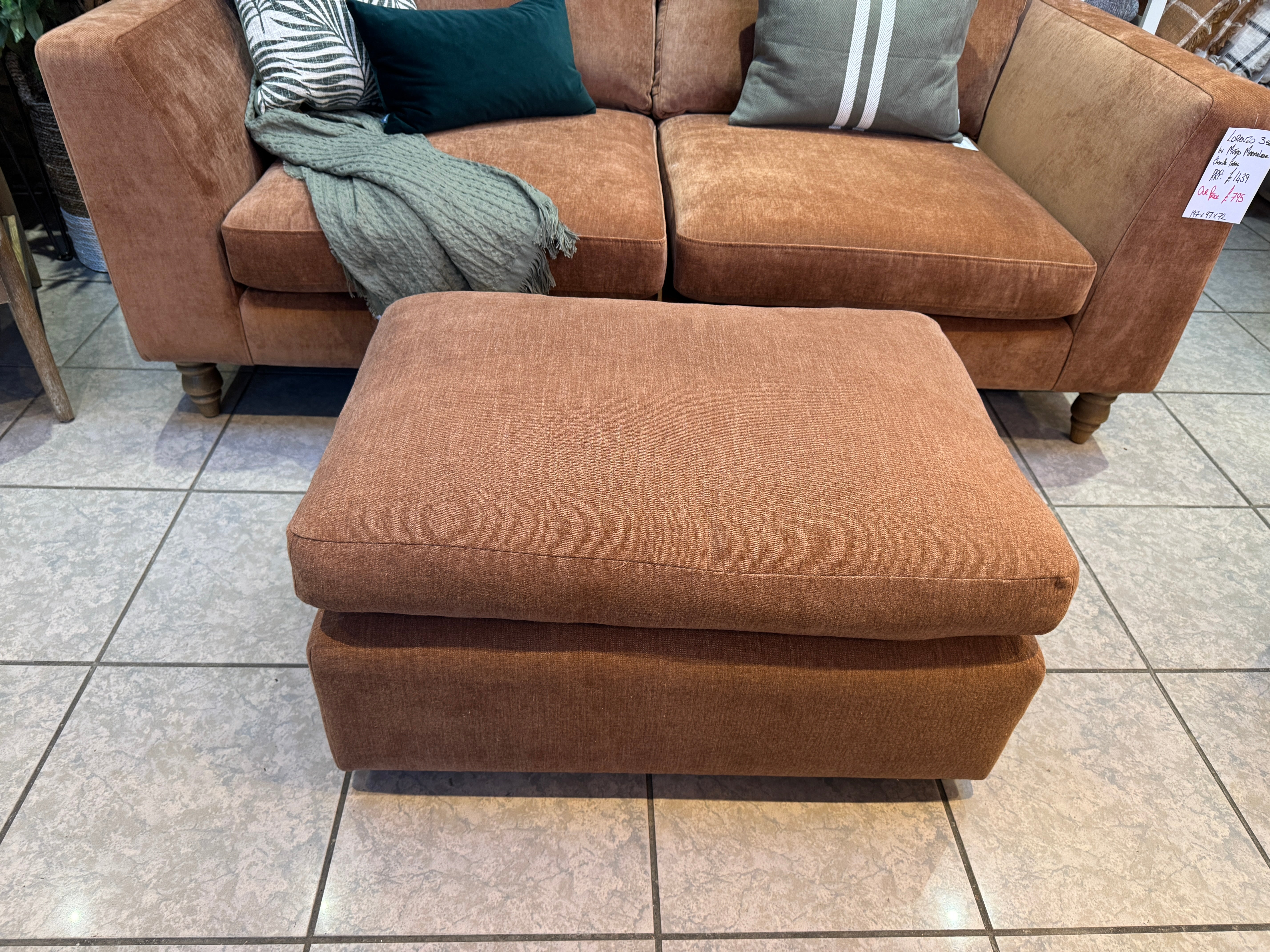 Designer rectangle padded top footstool in rust cotton fabric