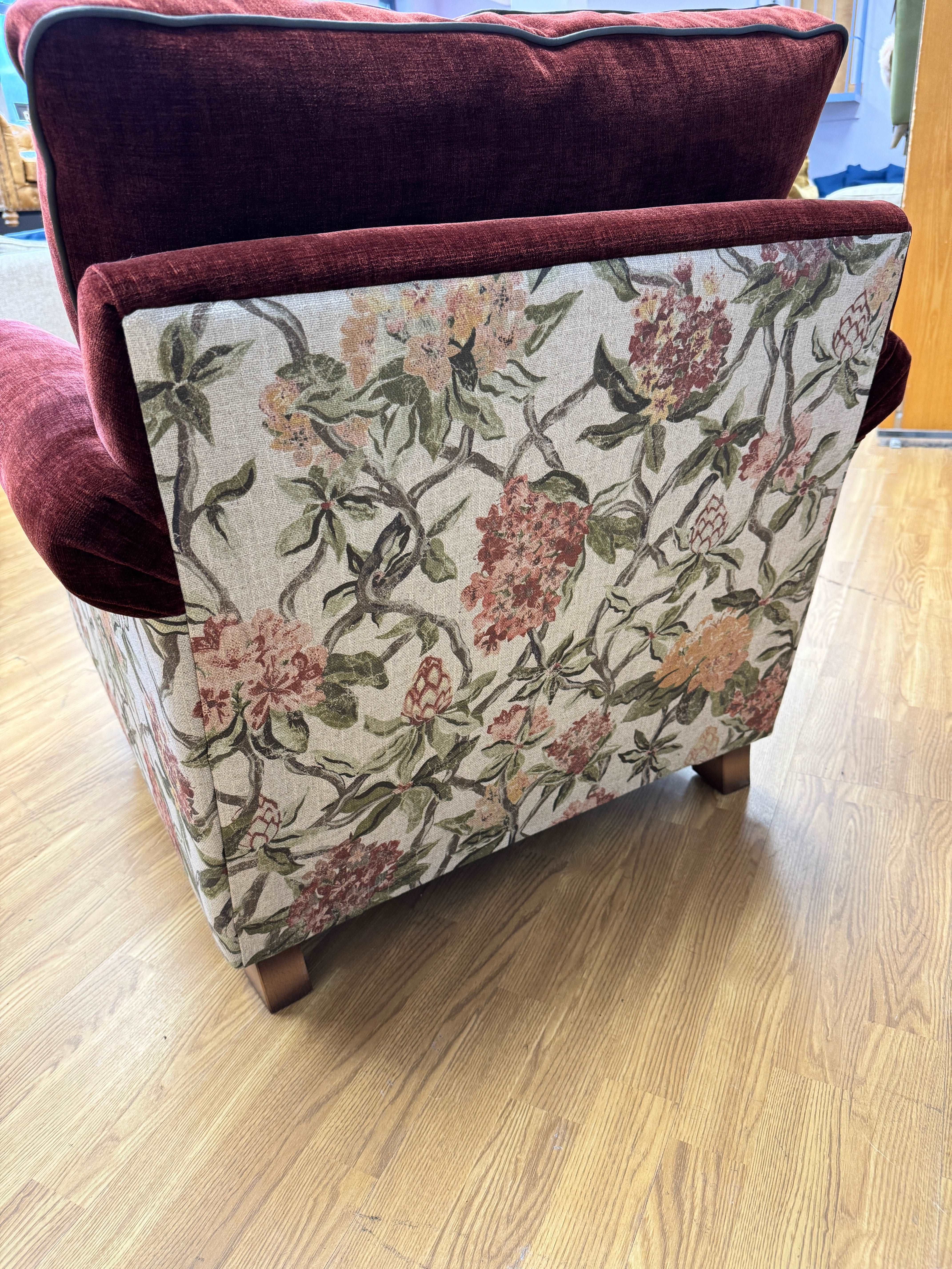 English Heritage Quarry accent chair in Garnet distressed chenille & linen floral outer cover