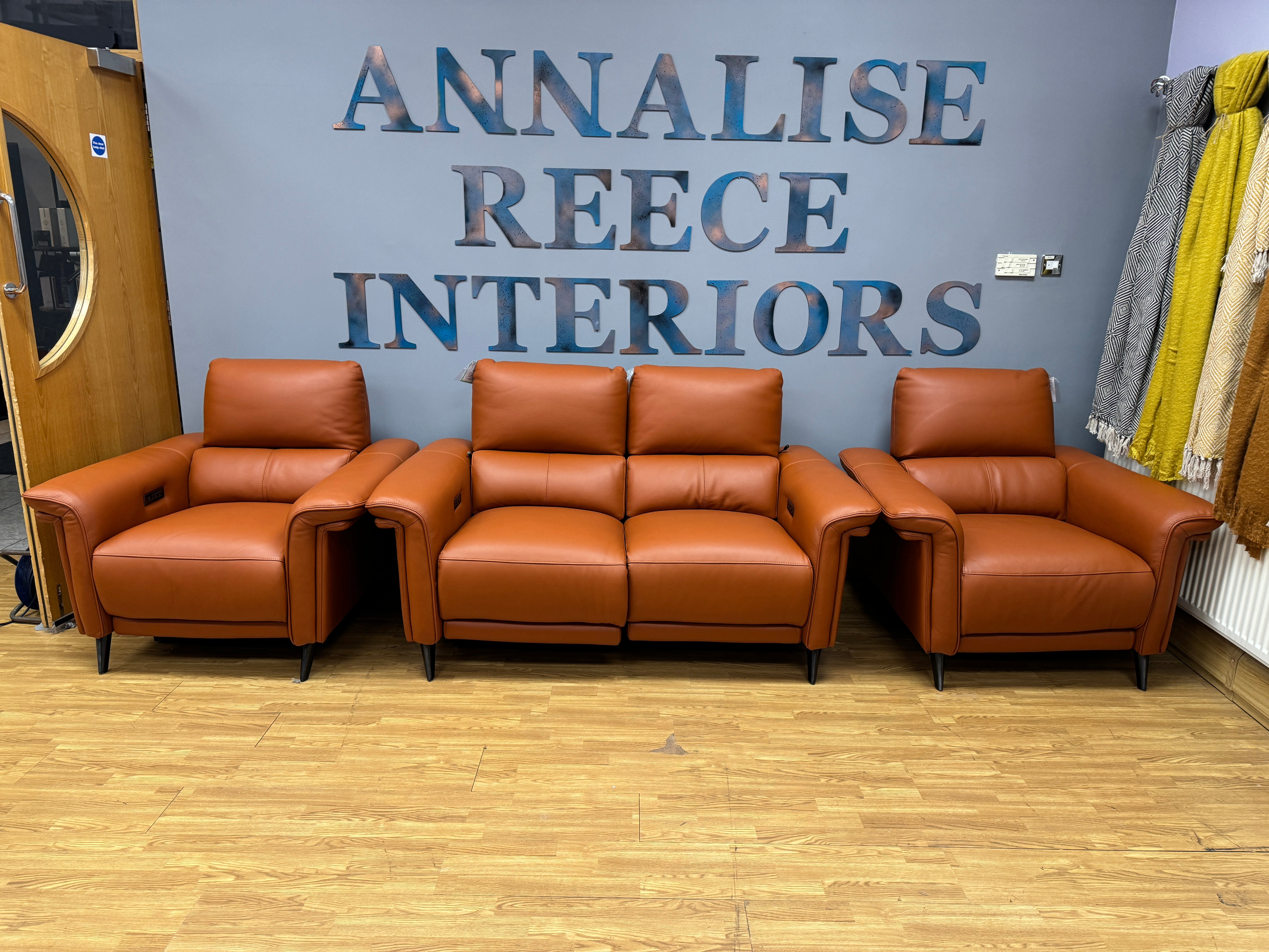 Domicil Huxley 2 seater electric reclining sofa & pair of matching reclining armchairs RRP £8585