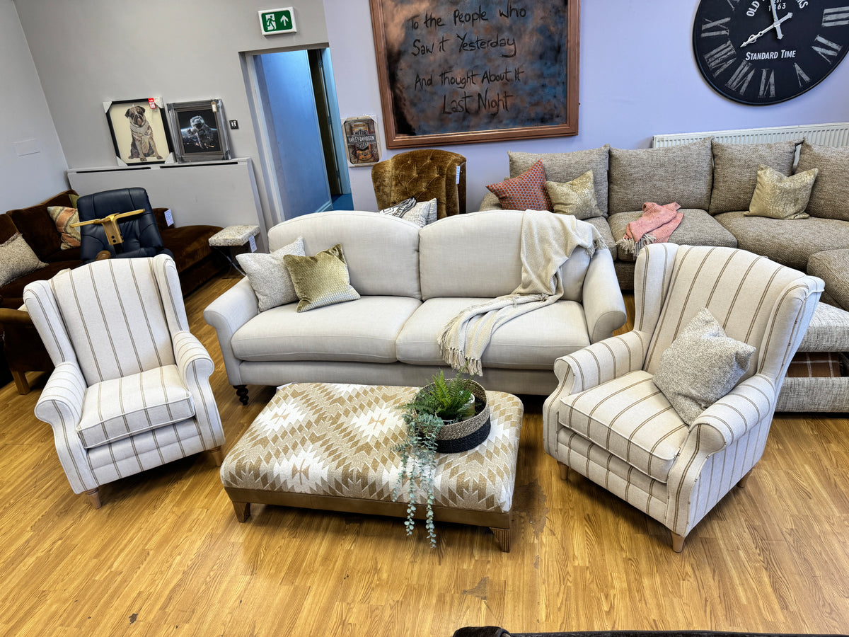 Heather high back winged armchair in natural & honey striped chenille