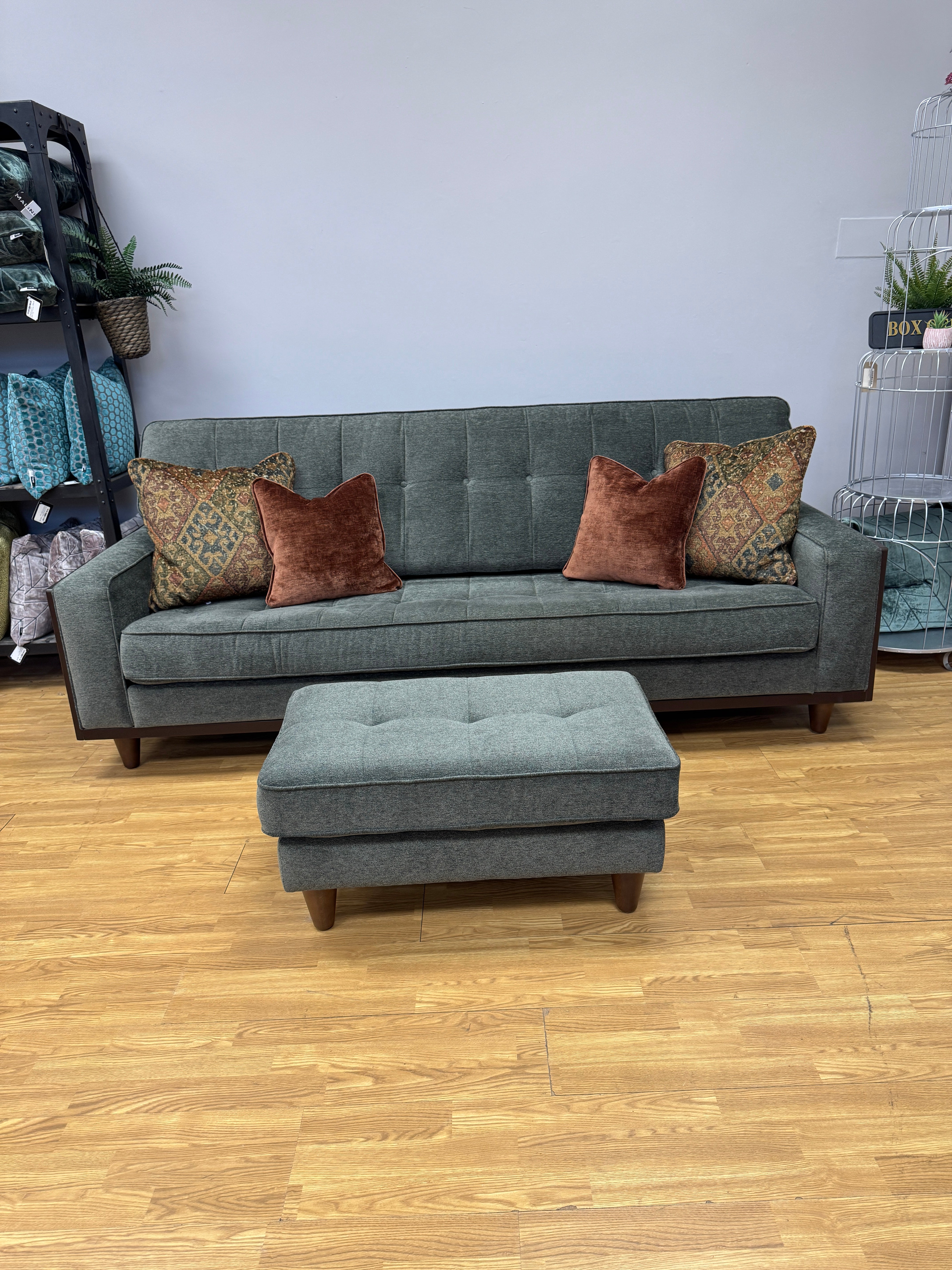 G Plan Agatha 4 seater fixed seat sofa & matching footstool in Alpine green fabric