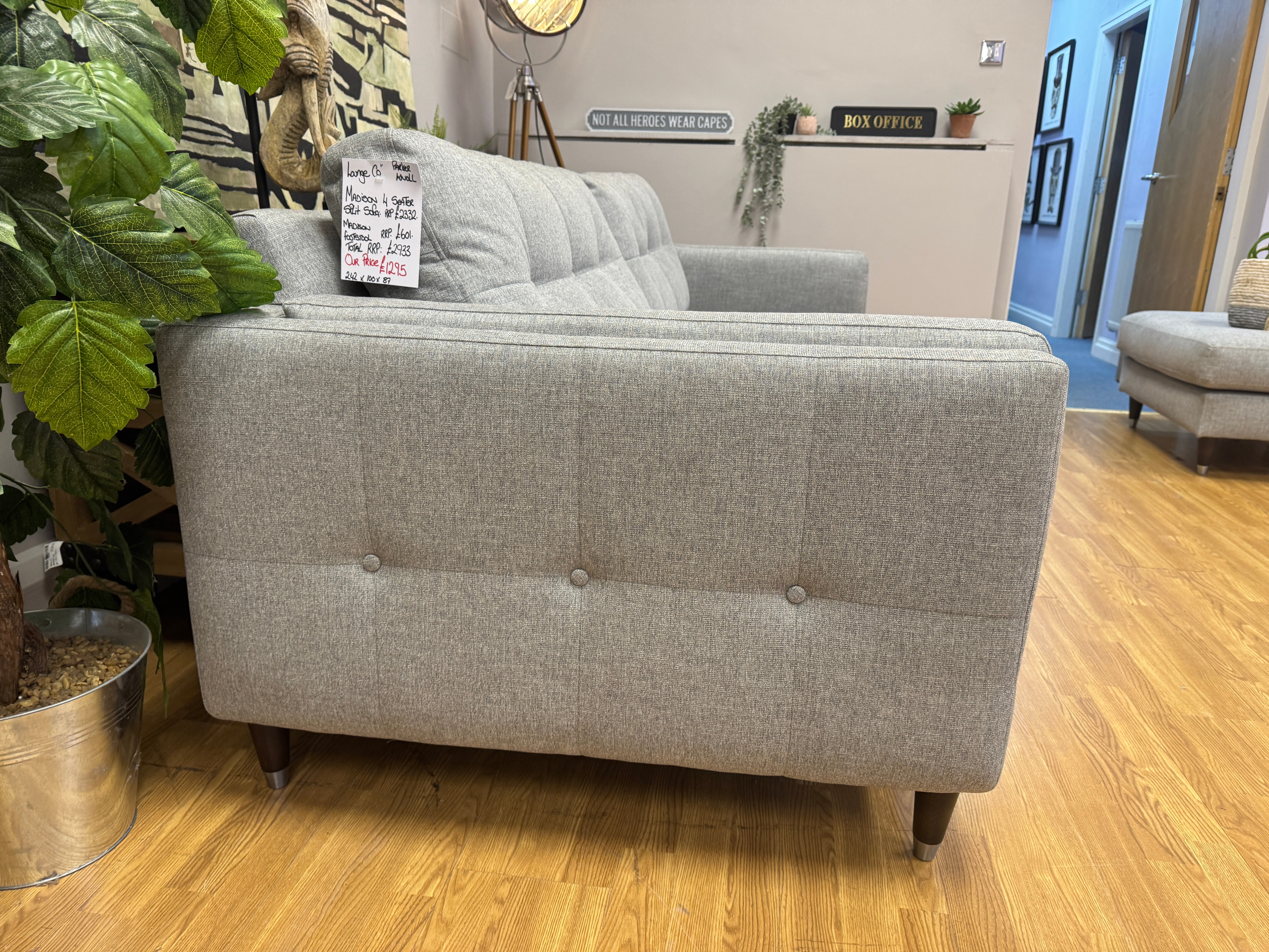 Madison 4 seater split sofa and footstool in grey basket weave fabric