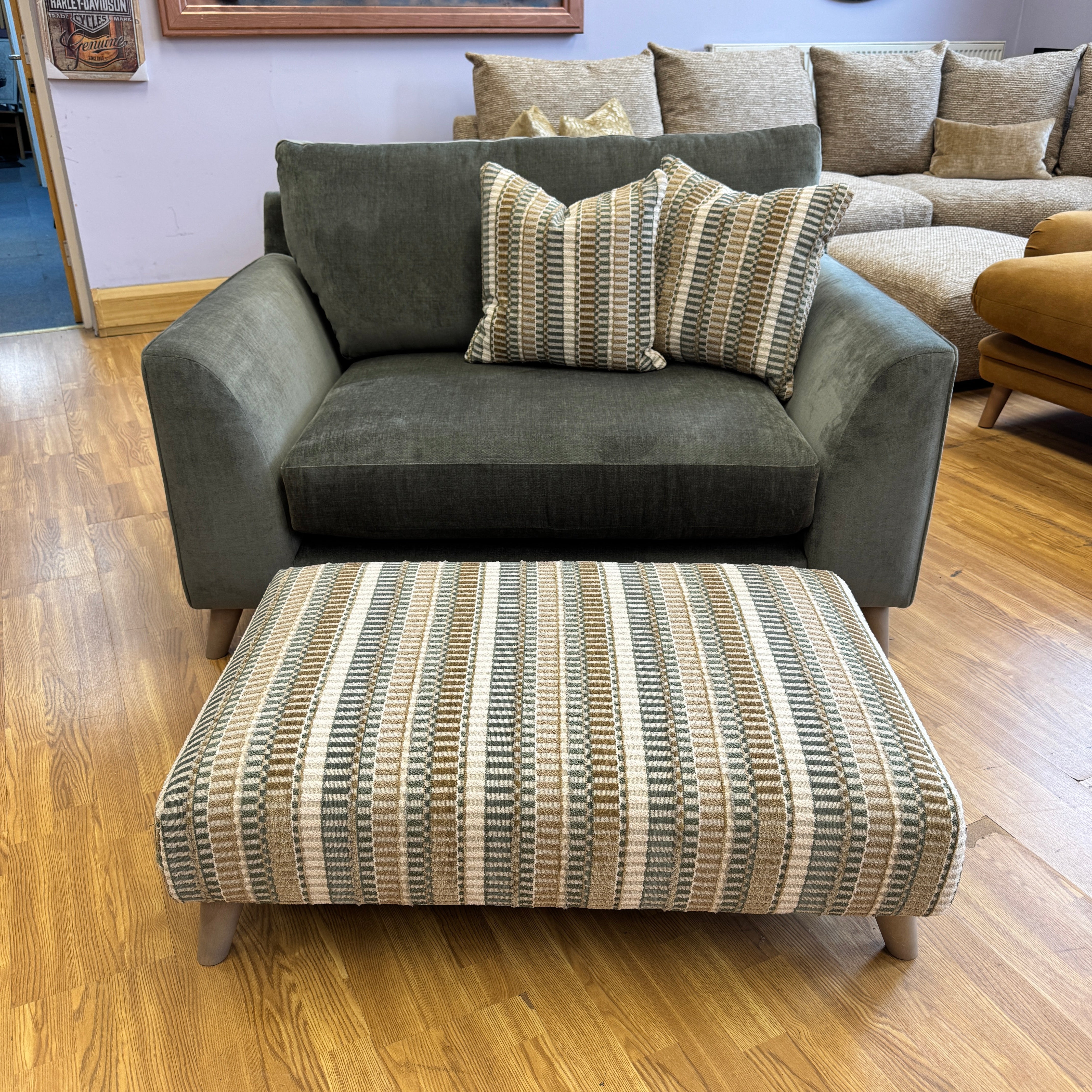 Tovi Footstool in striped mix fabric with matching pair of side cushions